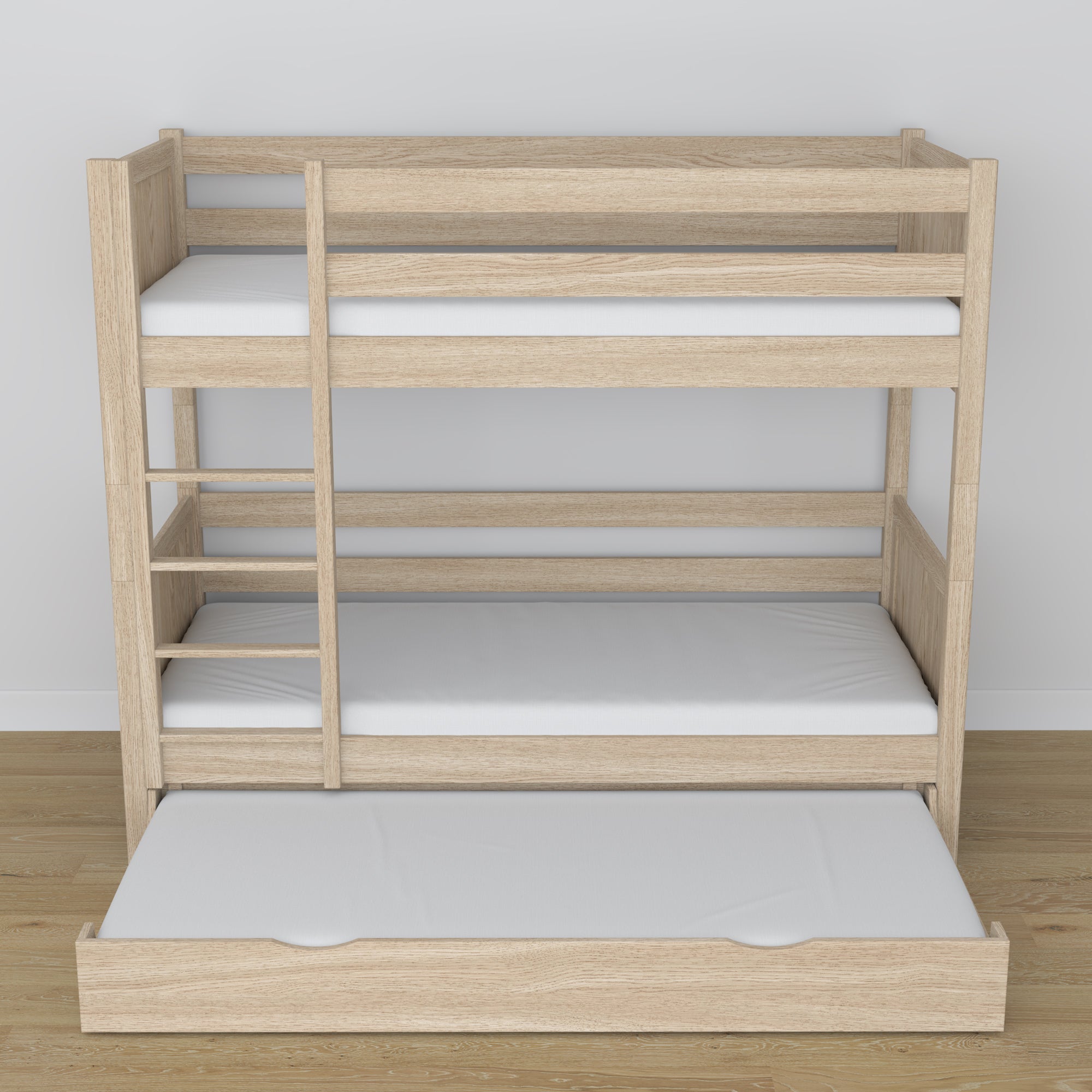 Letto a castello in rovere sbiancata – dimensioni e schema con cassetto per materasso