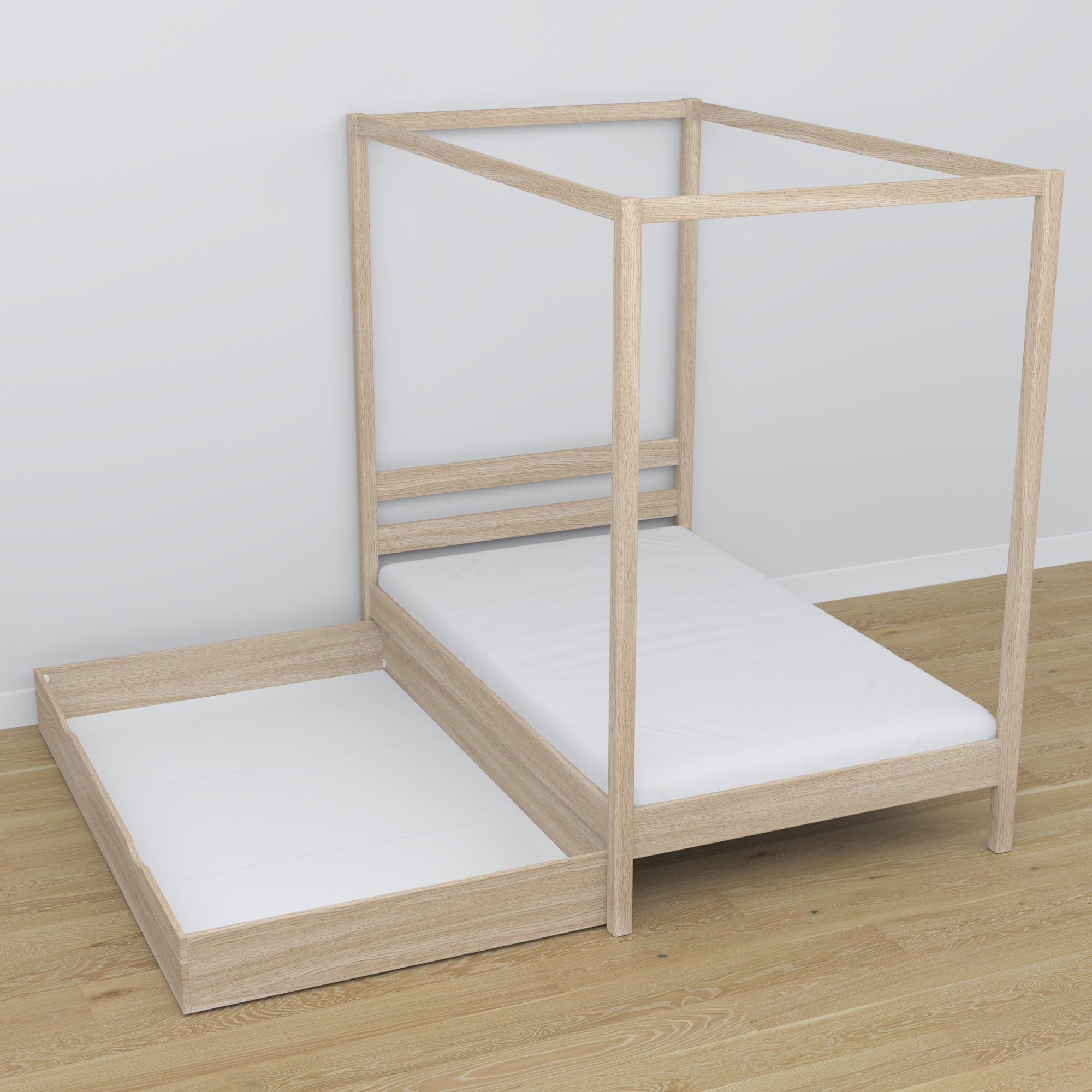 Bleached Oak Canopy Bed with Drawer – Side View, Oak