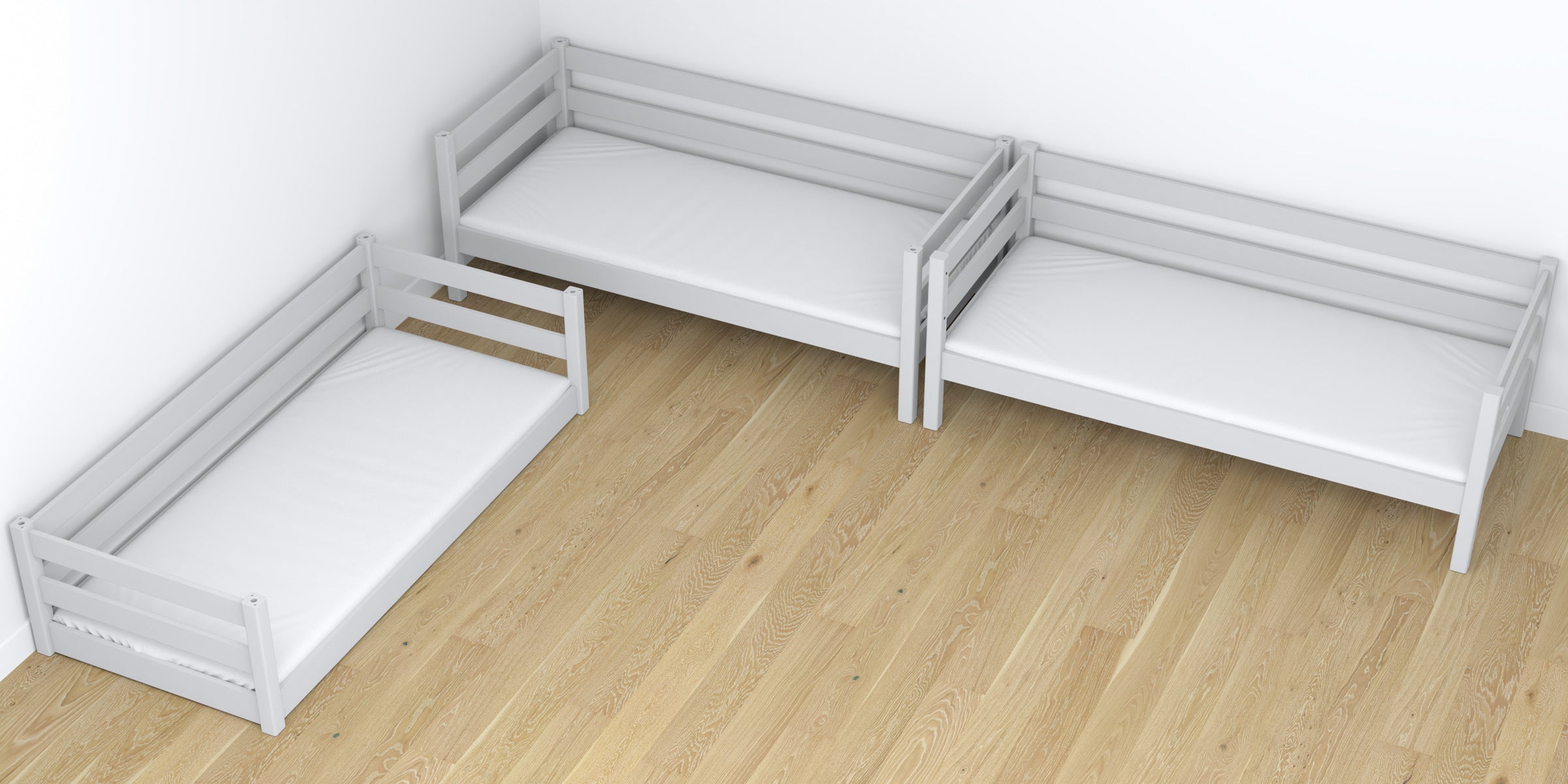 Triple bunk bed wooden grey – close-up of joints and construction details