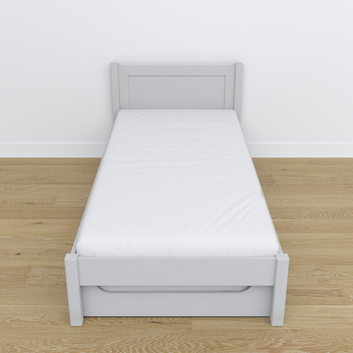 Letto grigio – cassetto per materasso, dettagli in legno, Nizio Home