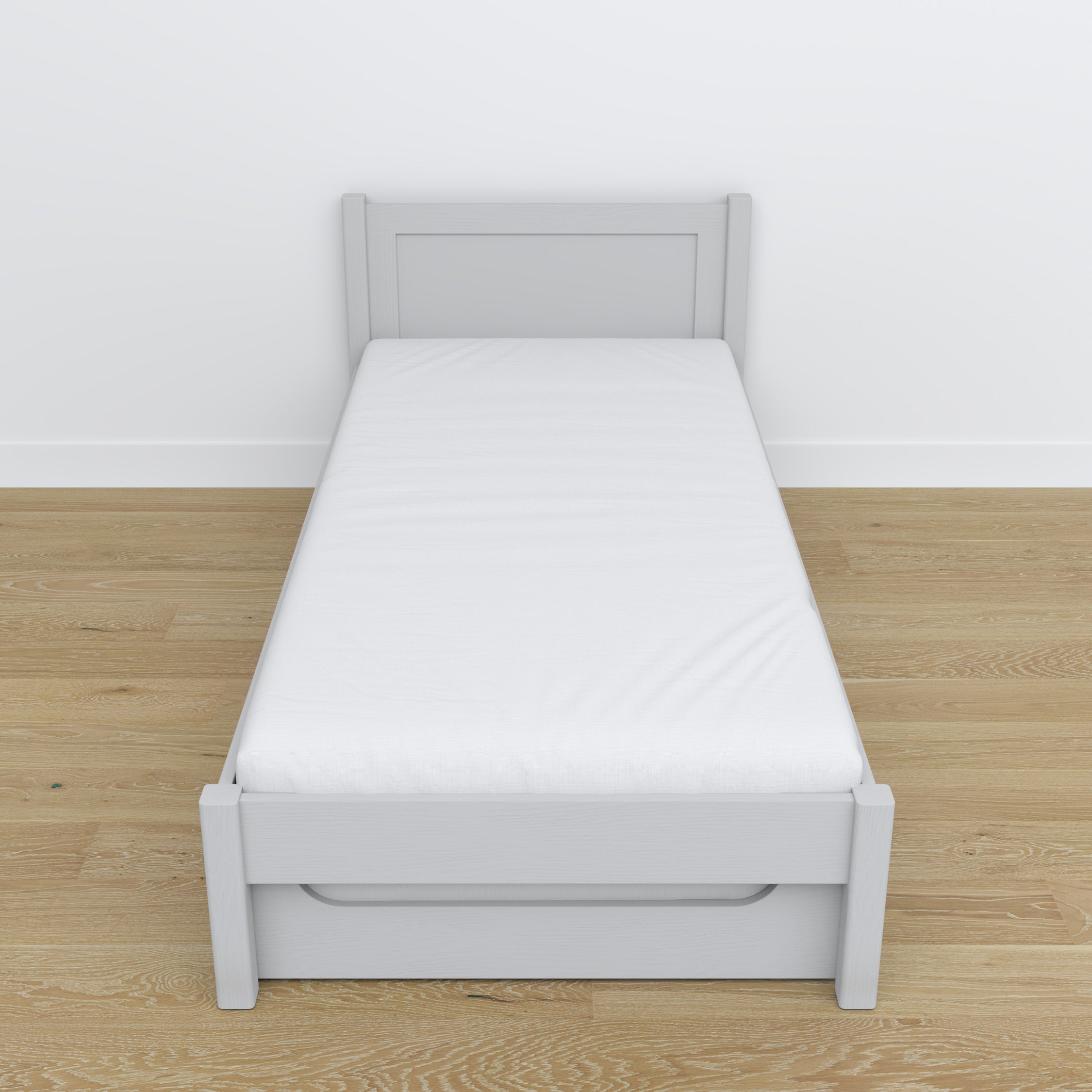 Letto grigio – cassetto per materasso, dettagli in legno, Nizio Home