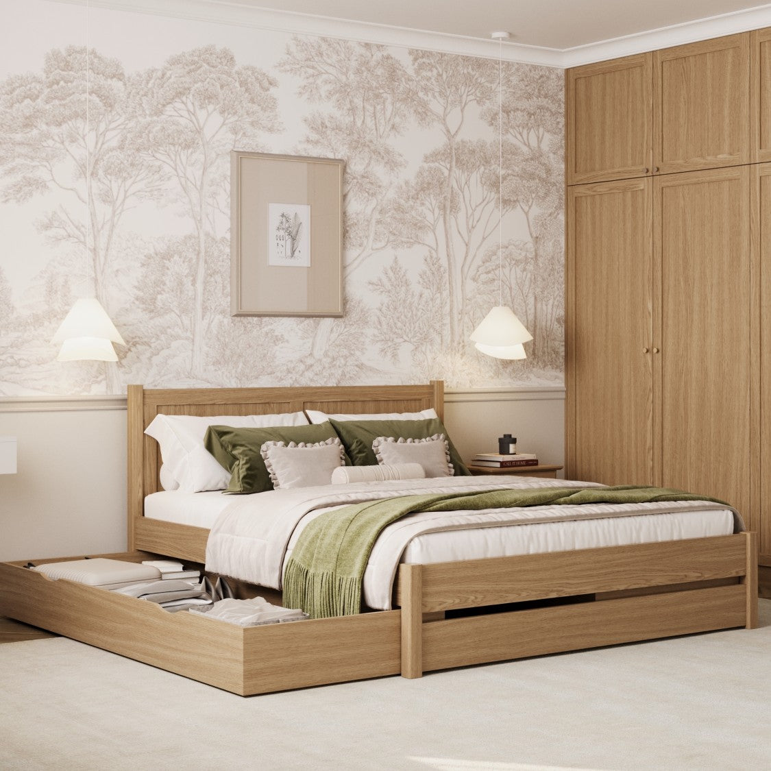 Oak double bed with drawer natural oak – open drawer, spacious interior