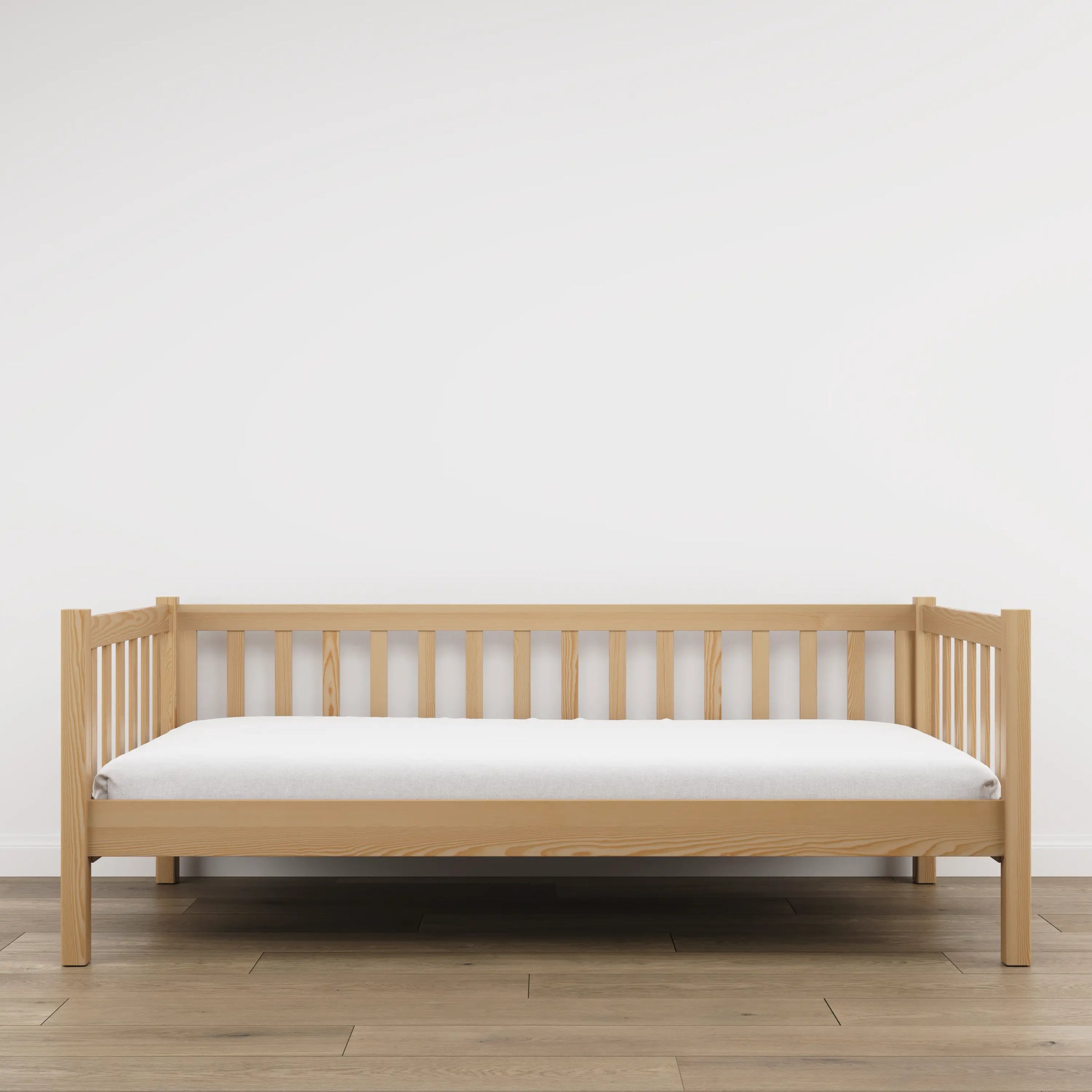 Sofa bed wooden natural pine – side view, shape and proportions of the furniture