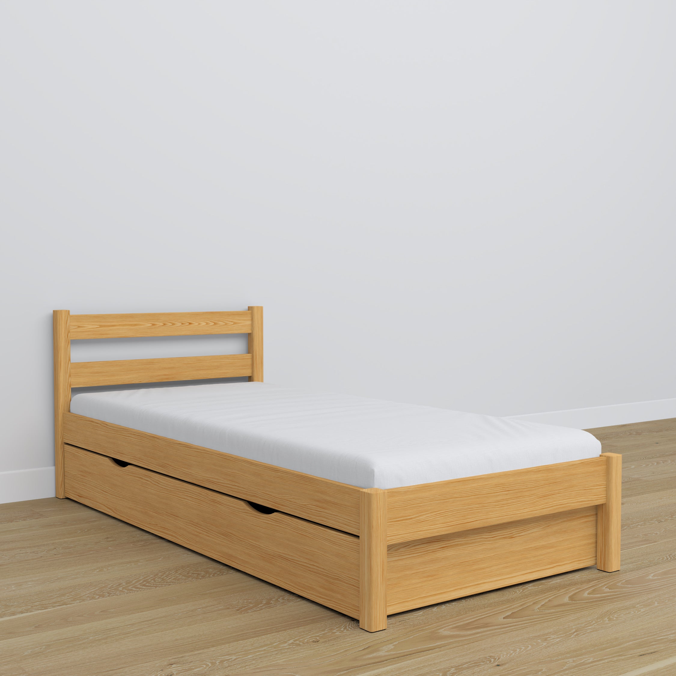 Letto pino naturale con cassetto – guide e dettagli in legno, Nizio
