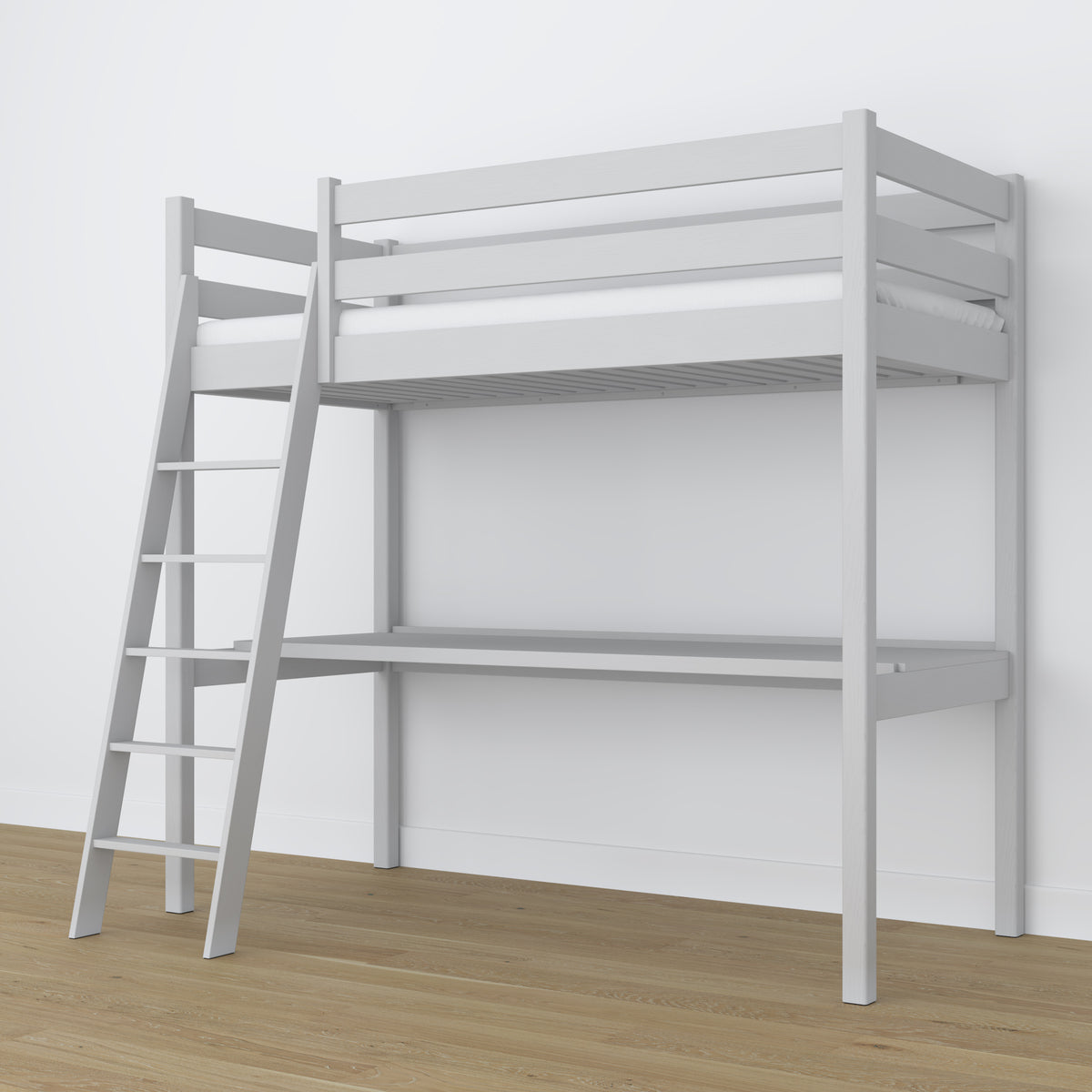 Letto a soppalco in legno grigio con scrivania – struttura e doghe, Nizio