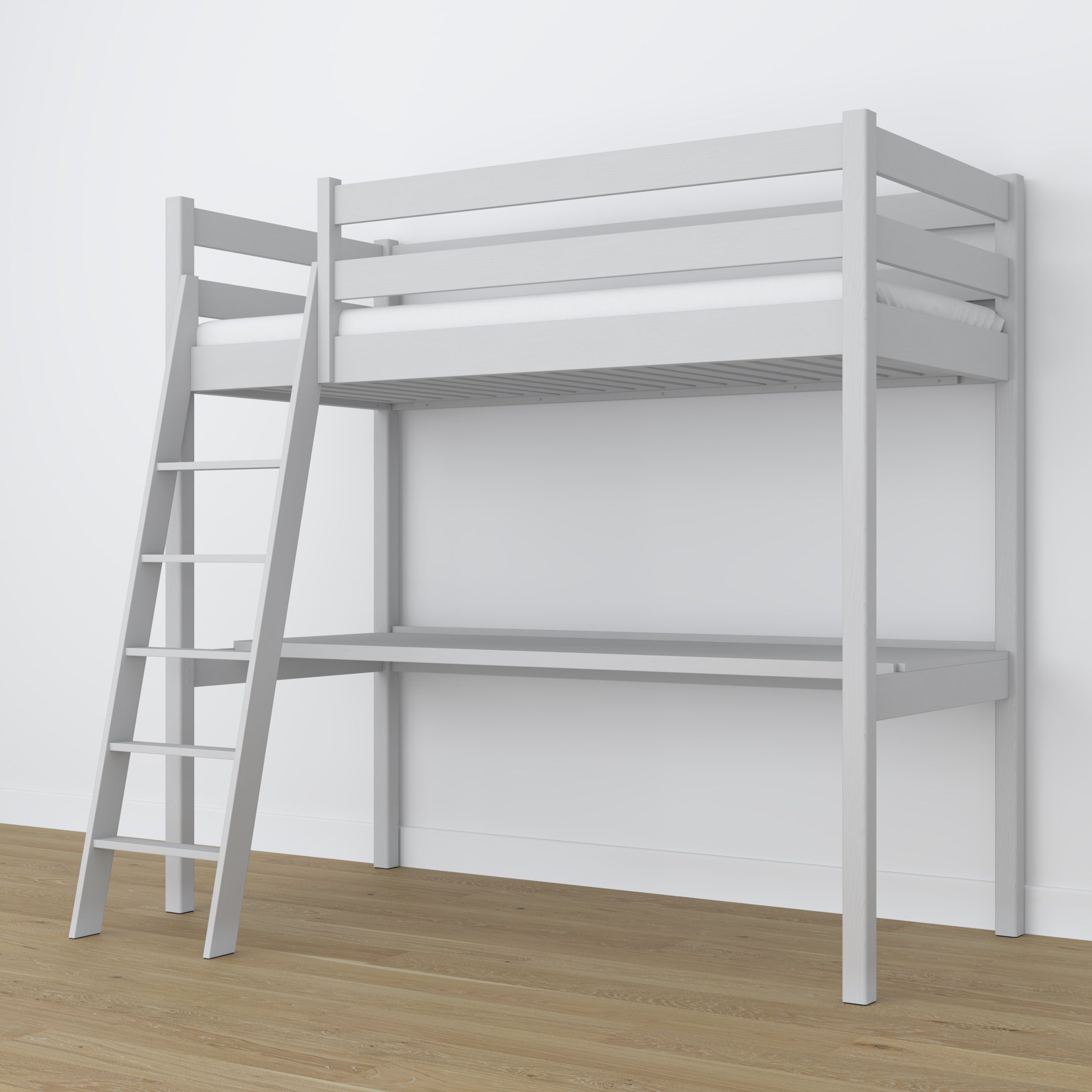 Letto a soppalco in legno grigio con scrivania – struttura e doghe, Nizio