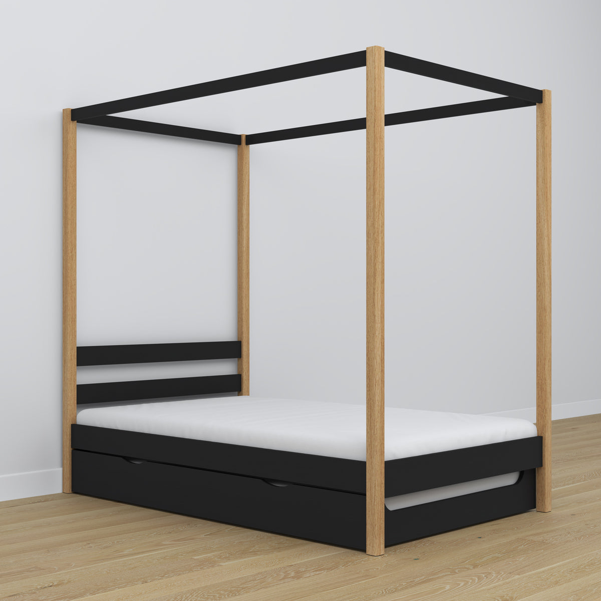 Lit noir-chêne avec baldaquin – tiroir na dodatkowy matelas, en bois