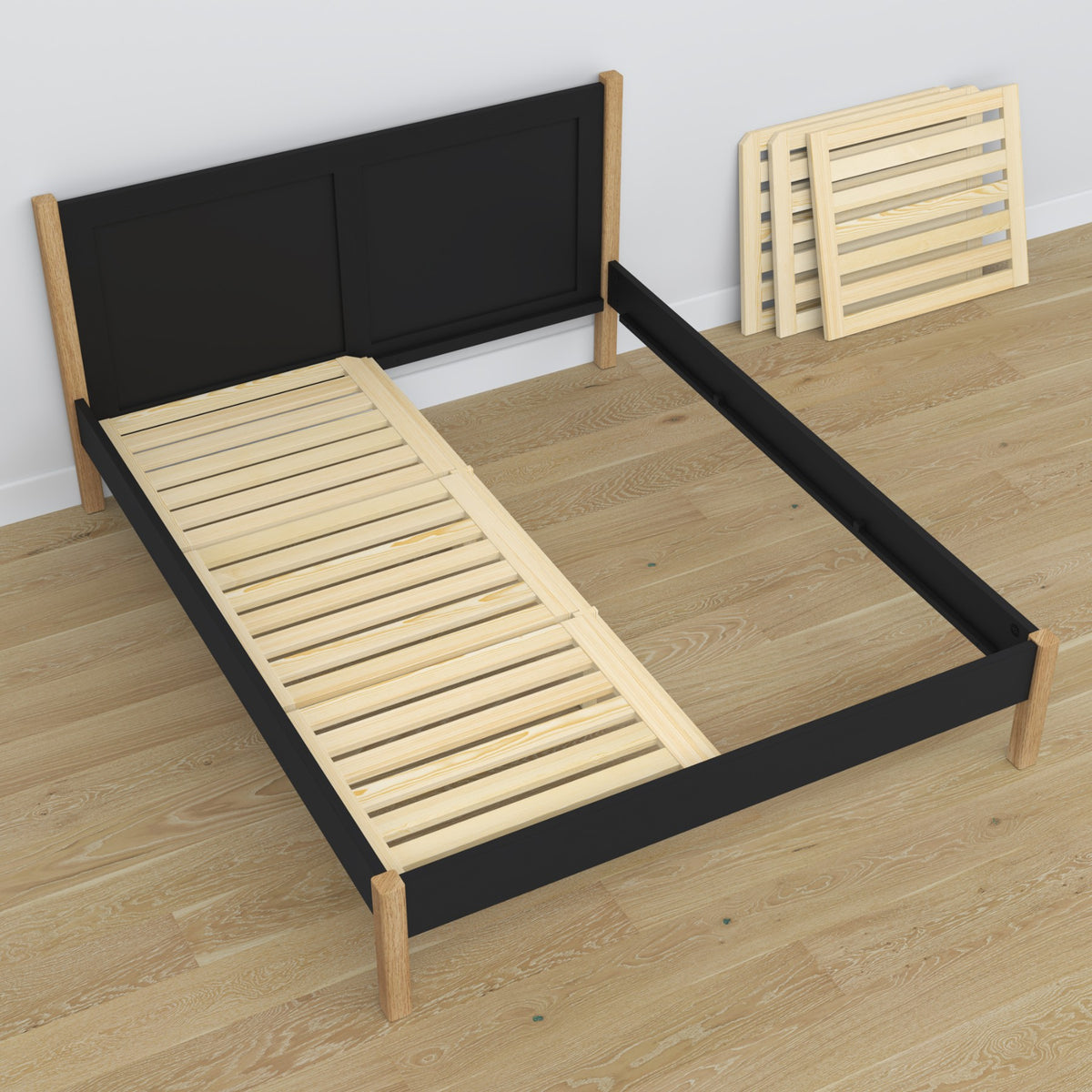 Lit double en bois noir-chêne – dimensions et schéma, Nizio Home