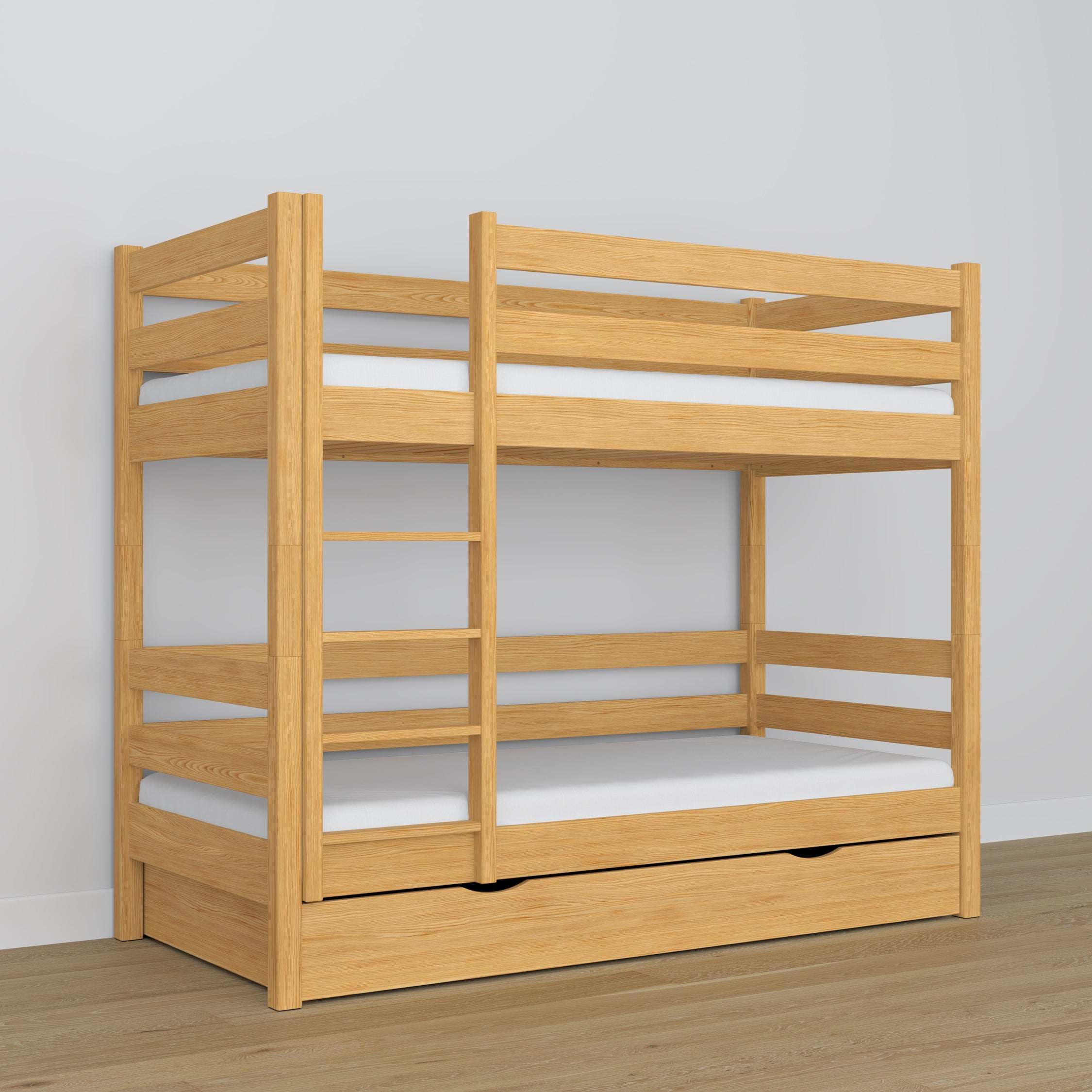Natural Pine Wooden Bunk Bed with Drawer – Scandinavian Design, Nizio