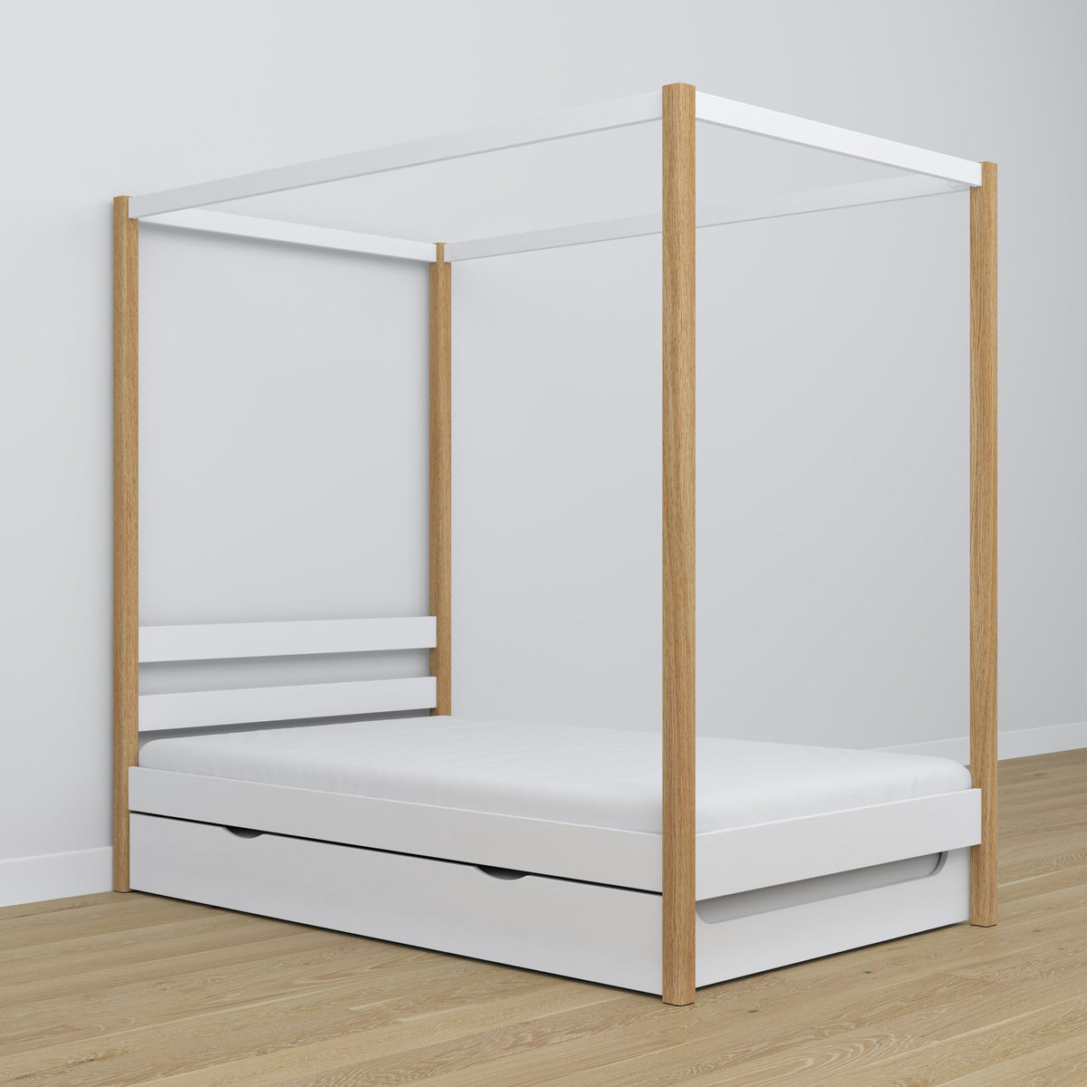 Lit blanc-chêne avec baldaquin – tiroir na dodatkowy matelas, en bois