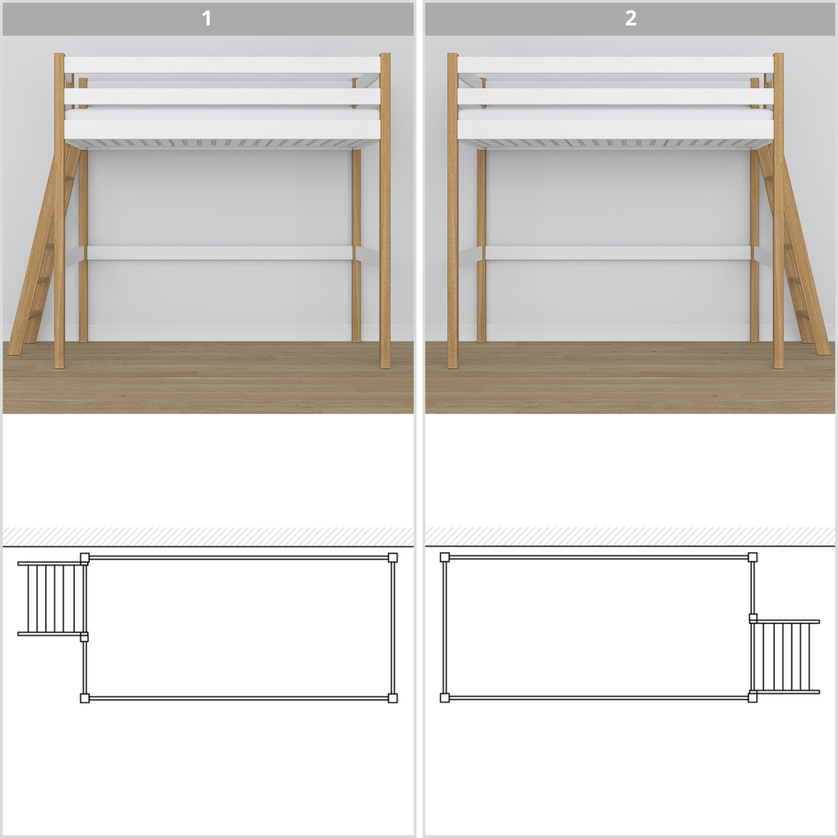 Letto a soppalco in legno bianco-quercia – vista dall'alto su posto letto
