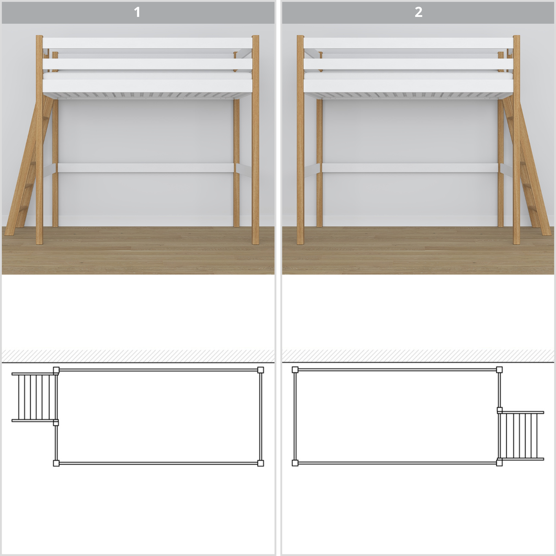 Letto a soppalco in legno bianco-quercia – vista dall'alto su posto letto