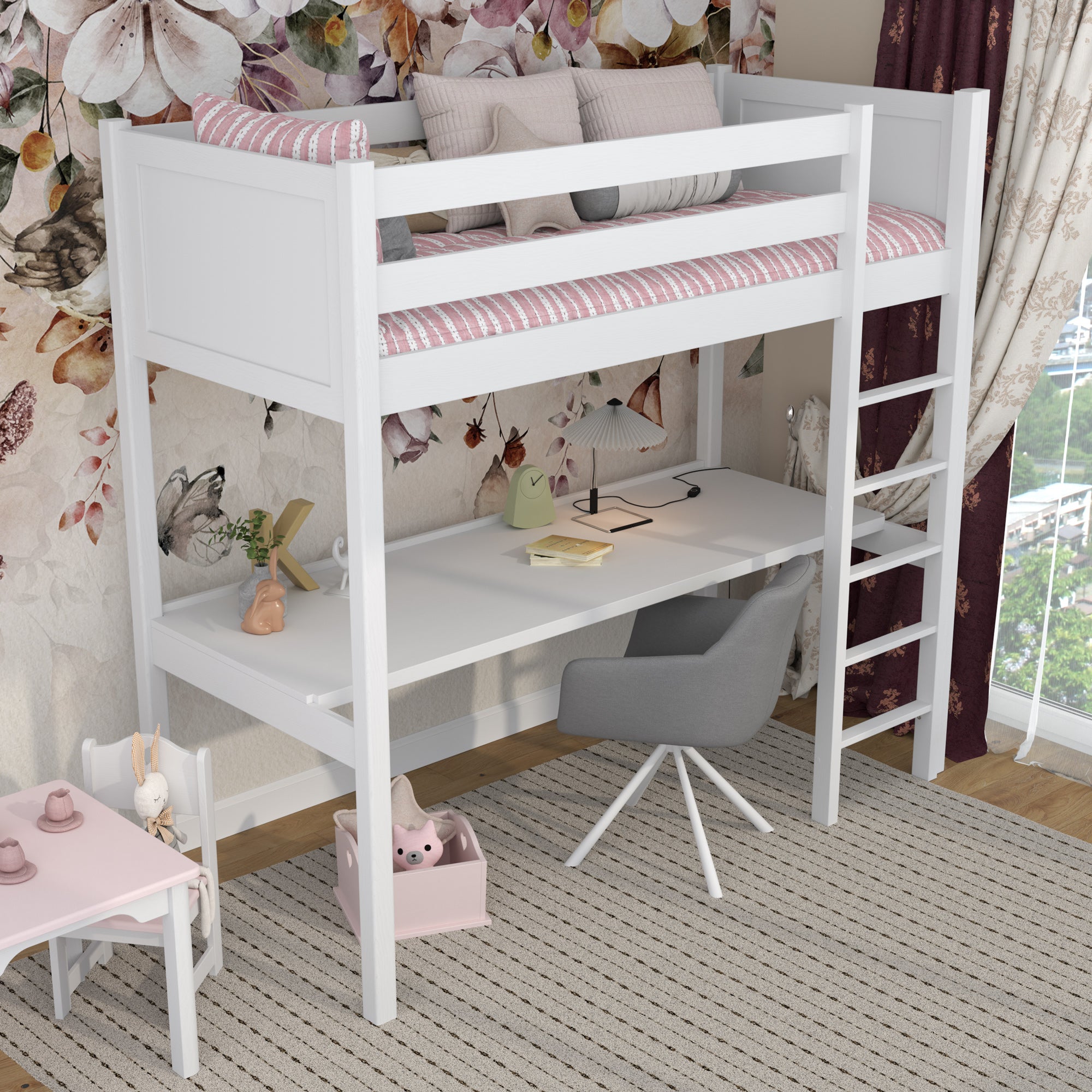 Letto a soppalco con scrivania in legno bianco – scala e sponda di protezione