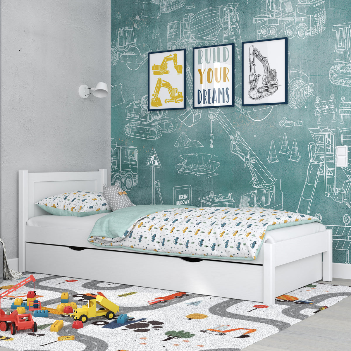 Single bed with drawer wooden white – children’s room, scandi style
