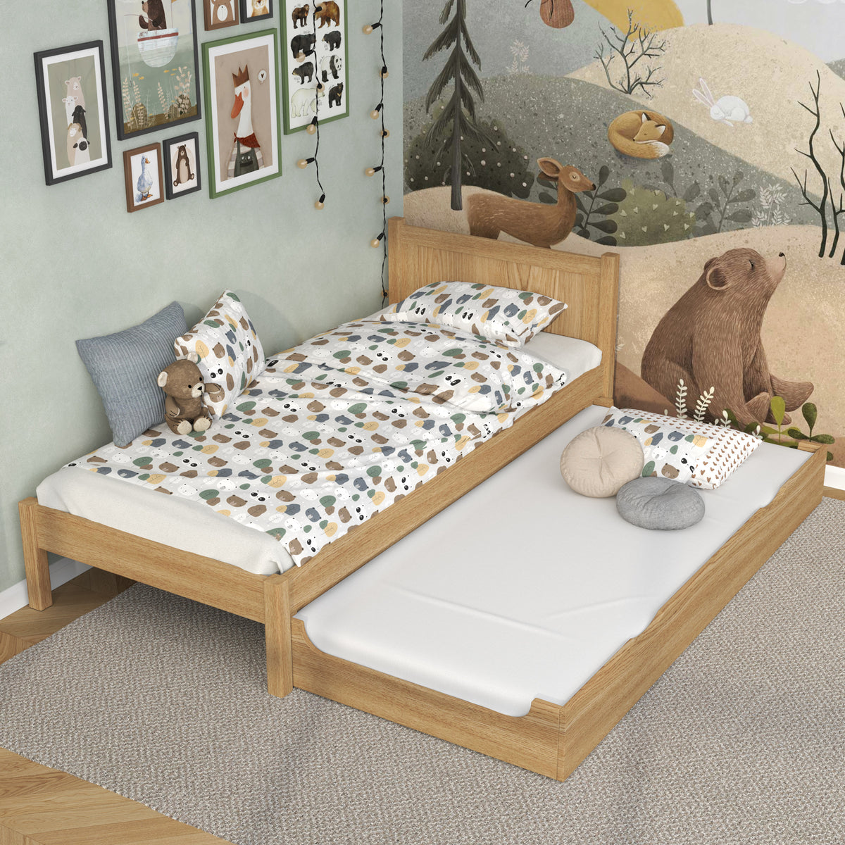 Oak bed with mattress drawer natural oak – extended drawer, guest