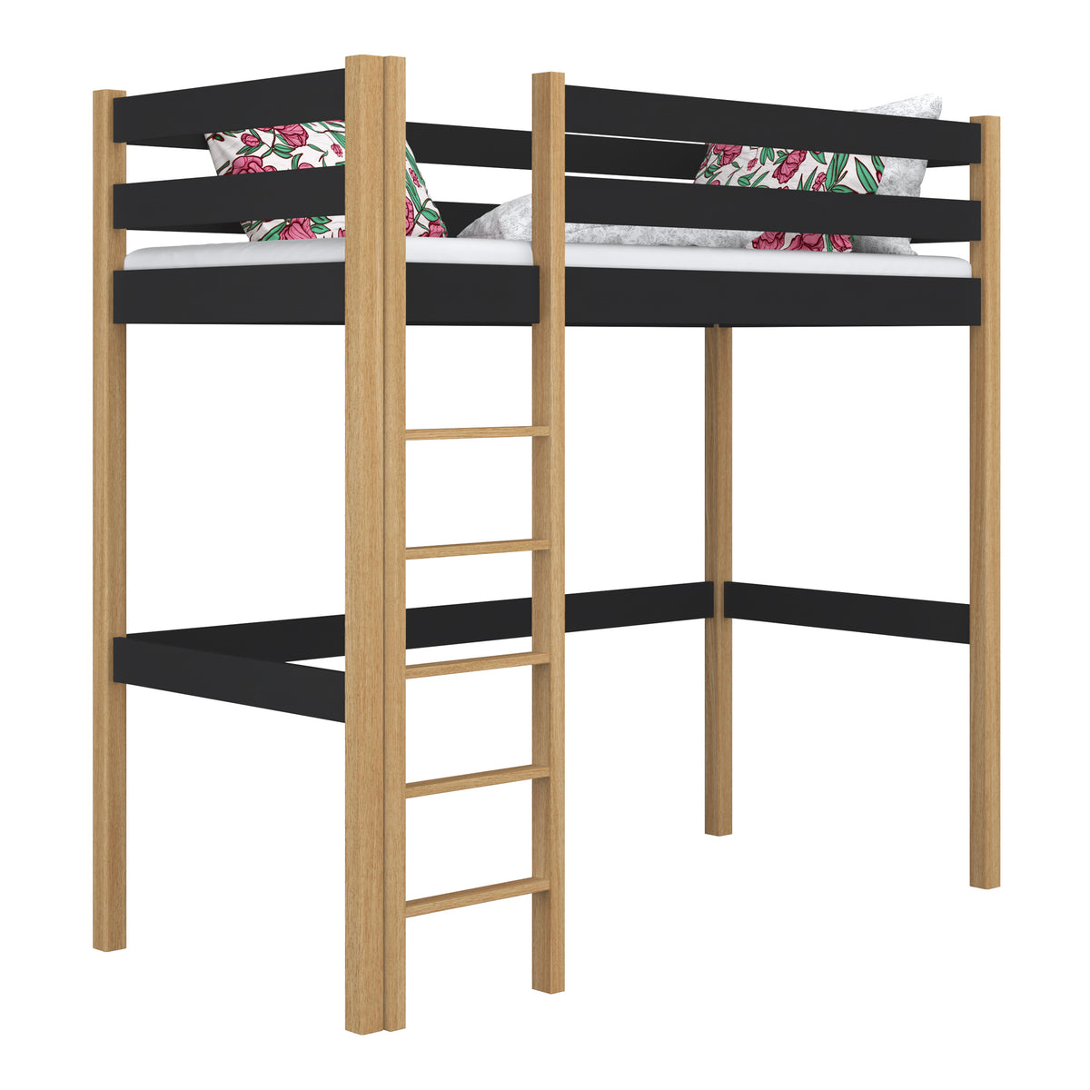 Letto a soppalco in legno nero-quercia – stanza per bambini, legno massello, stile scandi