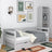 Grey sofa bed – wooden side barrier, side view, Nizio