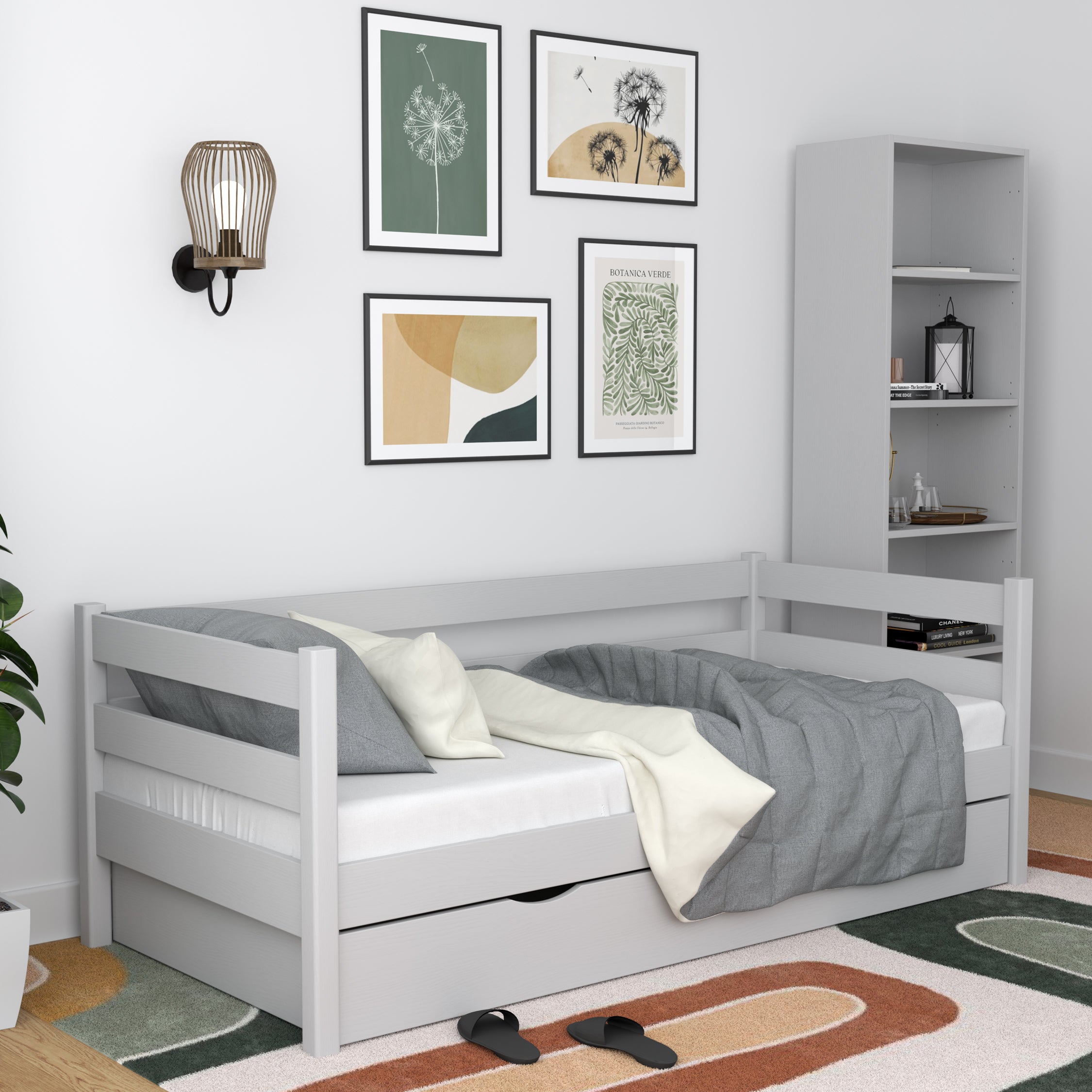 Grey sofa bed – wooden side barrier, side view, Nizio