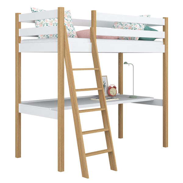 Hochbett mit Schreibtisch aus Holz weiß-eiche – Kinderzimmer, scandi Nizio