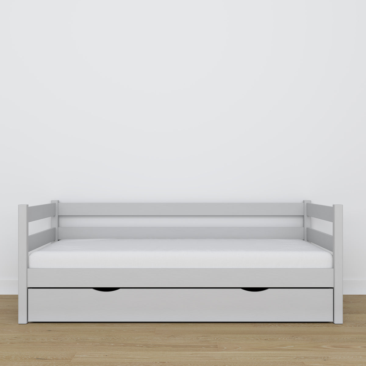 Grey sofa bed with drawer made of wood – dimensions and diagram, Nizio
