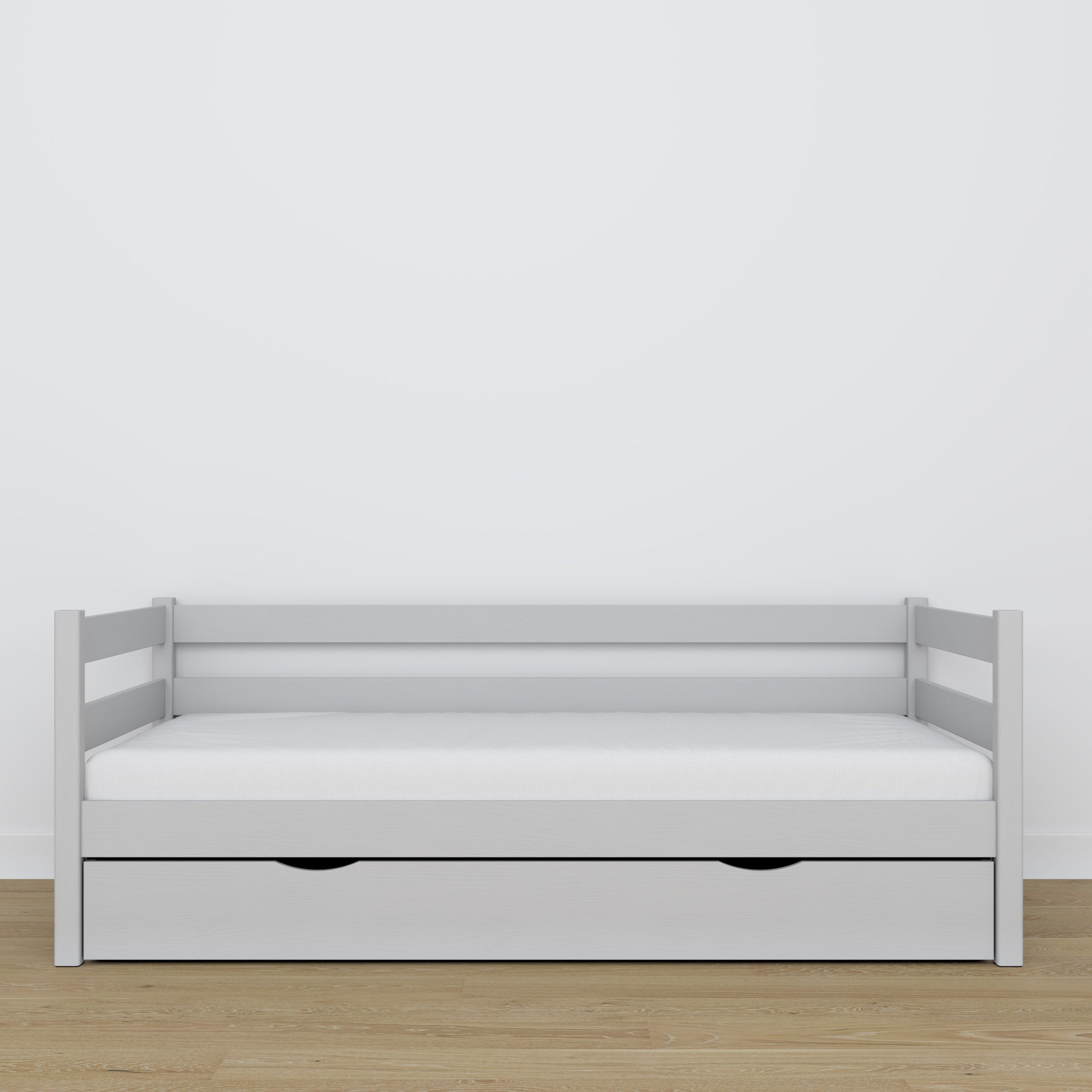 Grey sofa bed with drawer made of wood – dimensions and diagram, Nizio