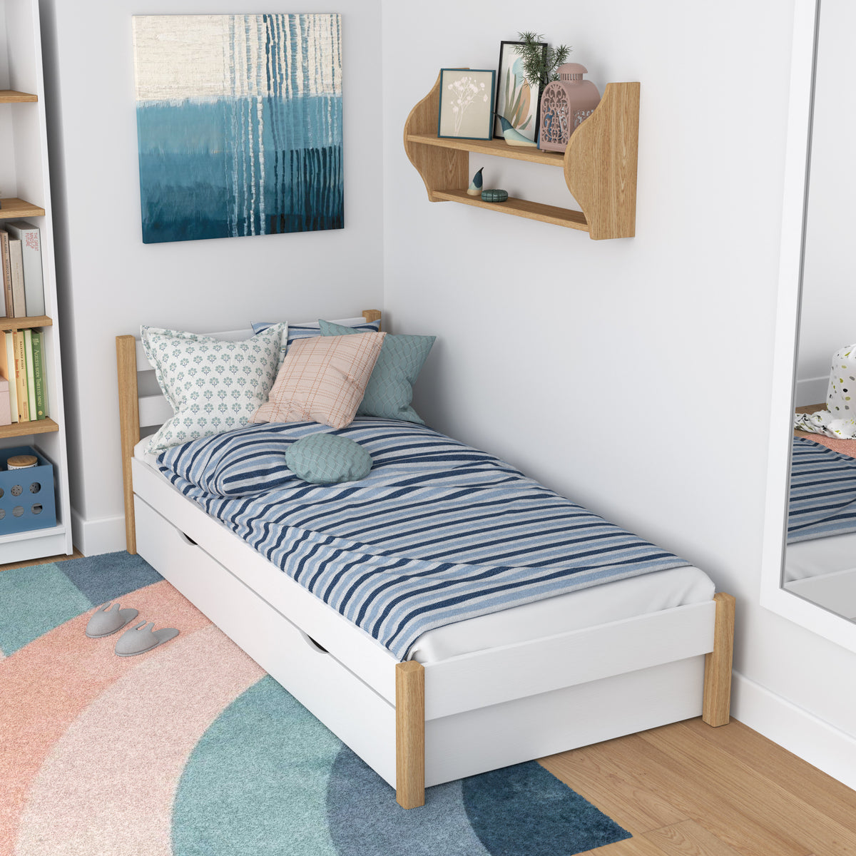 Letto bianco-quercia con cassetto – vista laterale, in legno, Nizio Home