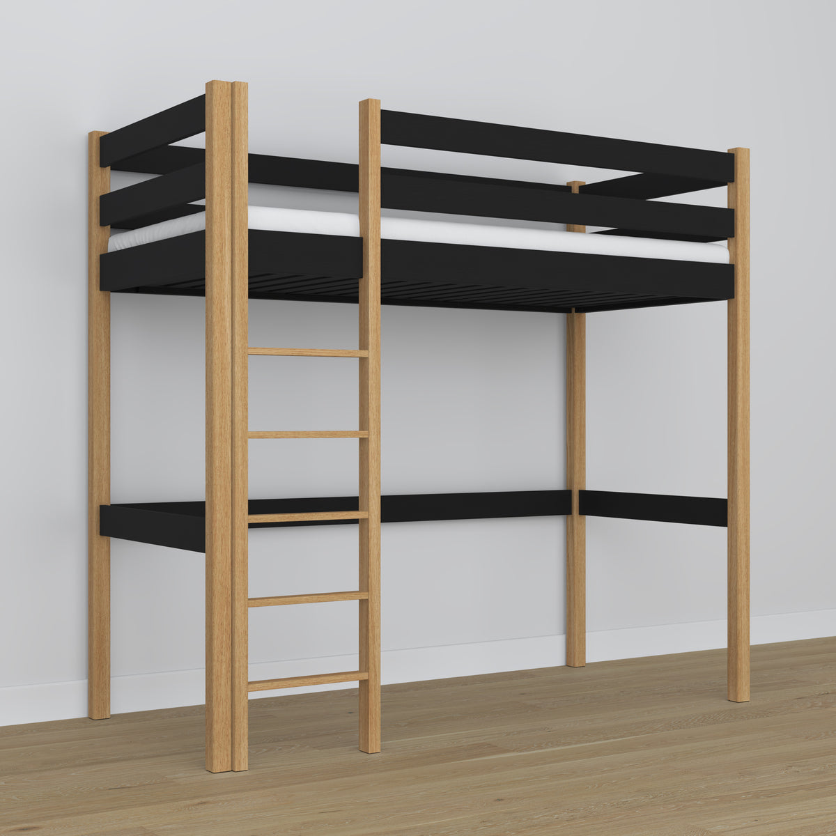 Letto a soppalco nero-quercia in legno – dimensioni e schema, Nizio