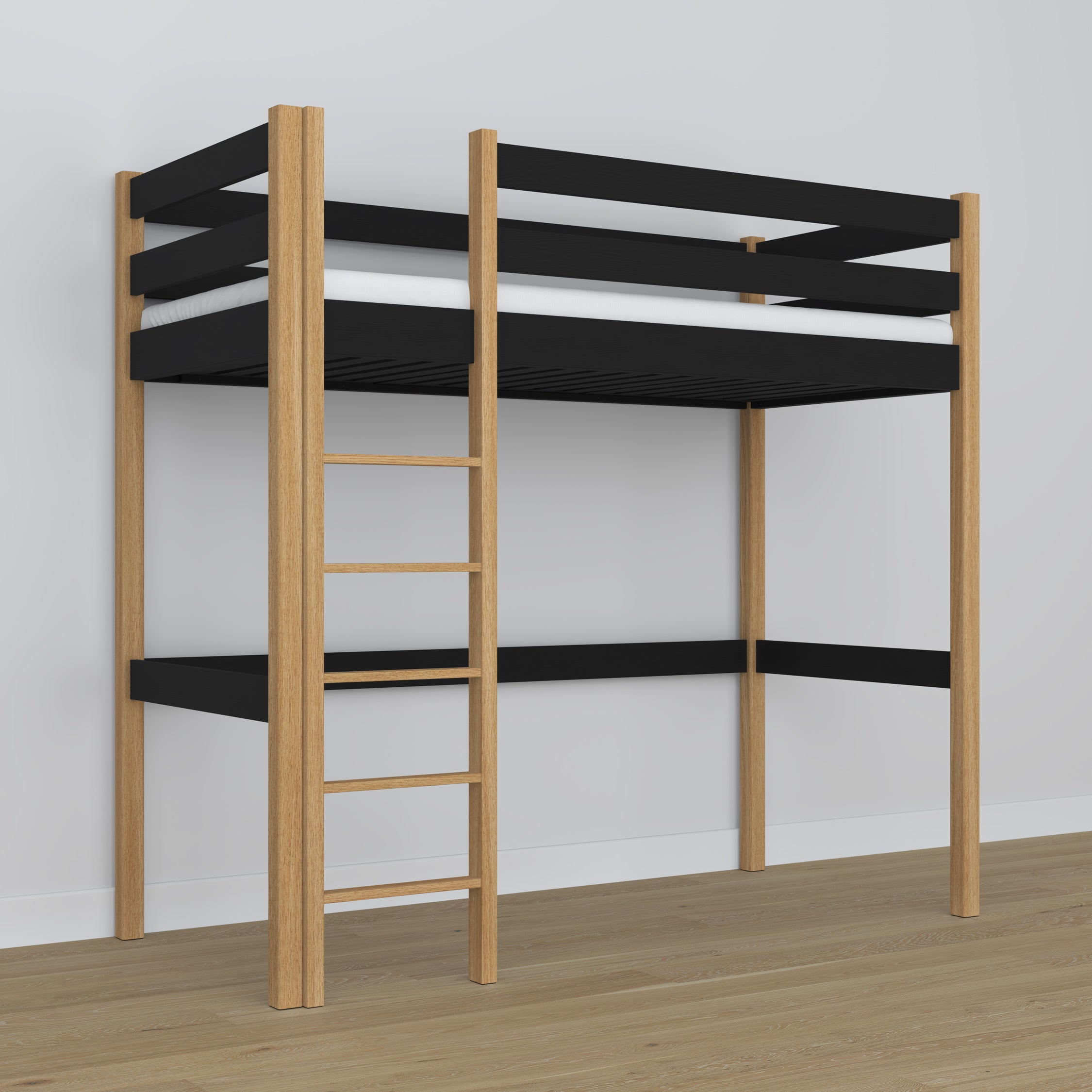 Letto a soppalco nero-quercia in legno – dimensioni e schema, Nizio