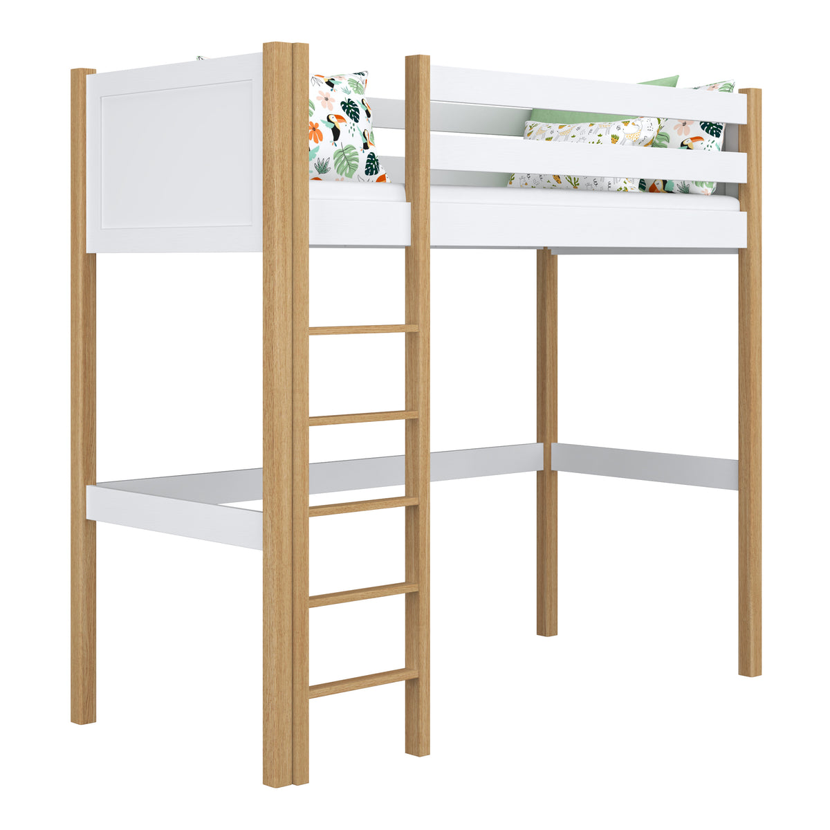 Hochbett weiß-Eiche – Leiter und Geländer aus Holz, Nizio Home
