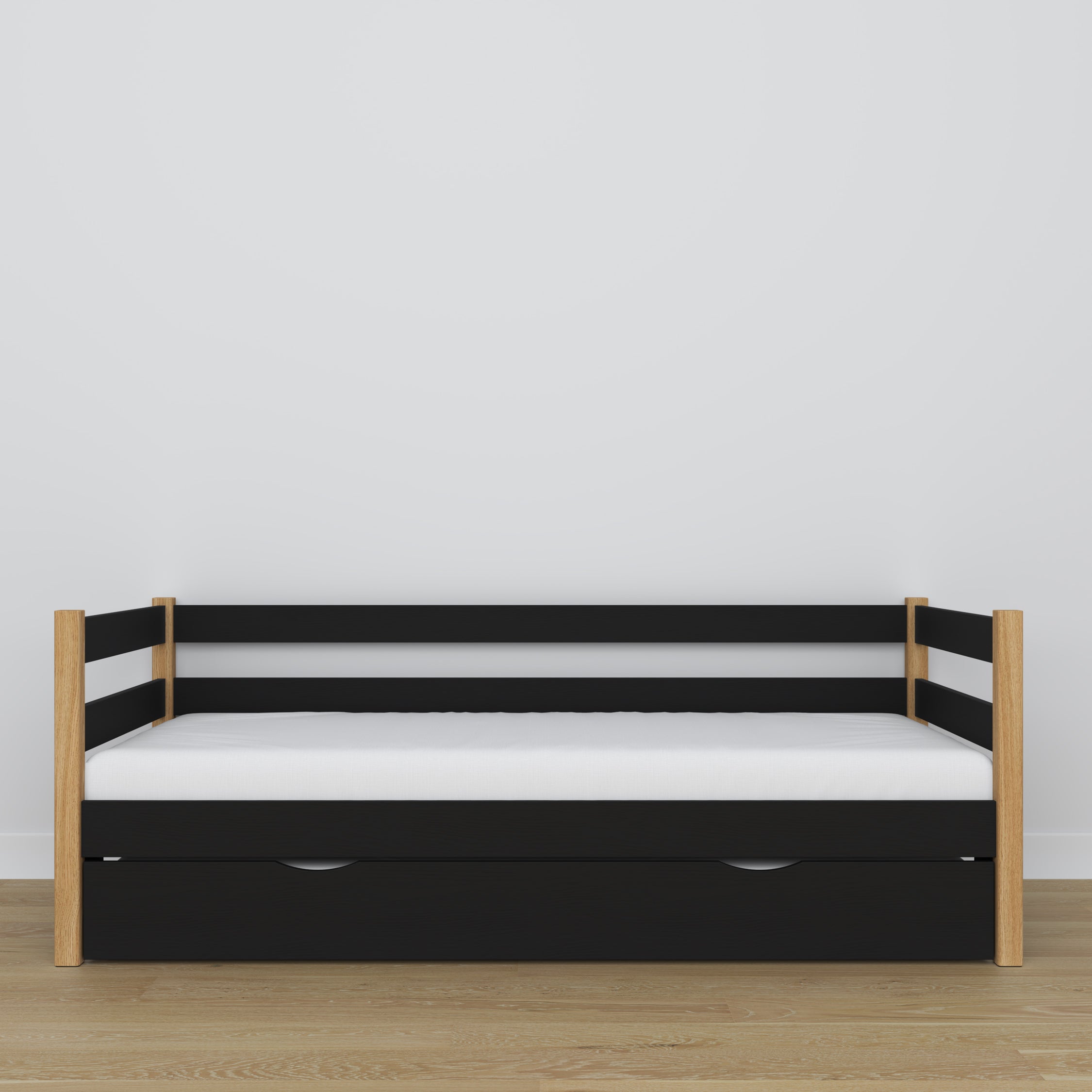 Letto divano con cassetto per materasso nero-quercia in legno – dimensioni, Nizio