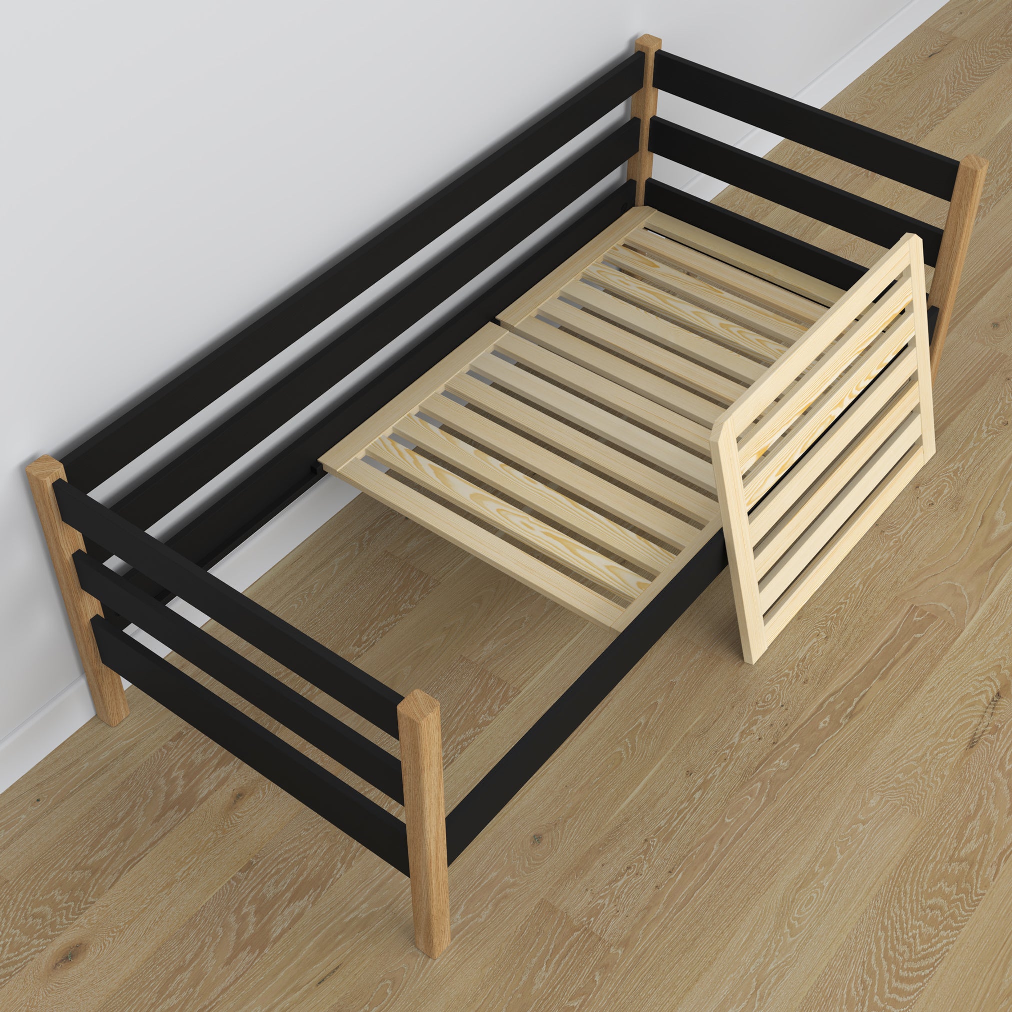 Sofa bed wooden black-oak – angled view, scandi