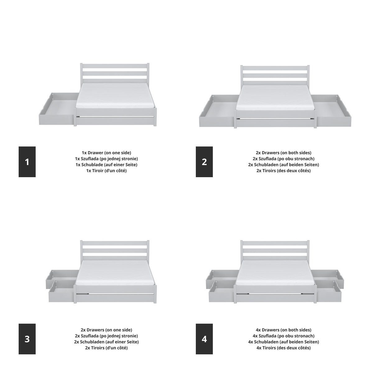 Letto matrimoniale grigio con cassetto in camera da letto – allestimento scandinava