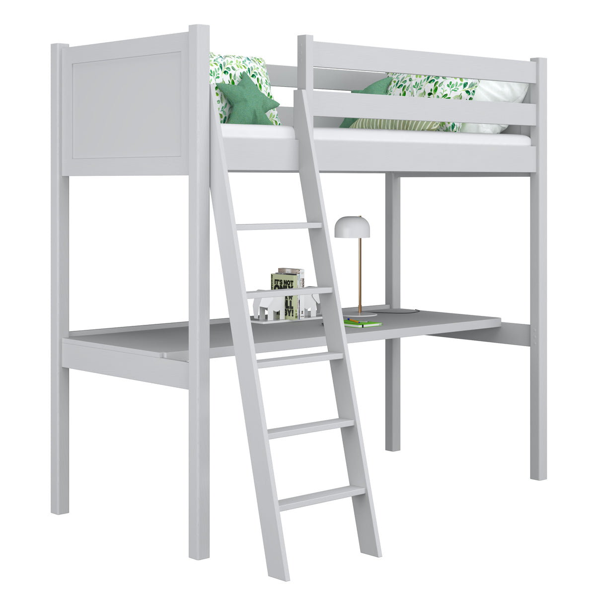 Letto a soppalco con scrivania in legno grigio – stanza per bambini, scandi Nizio