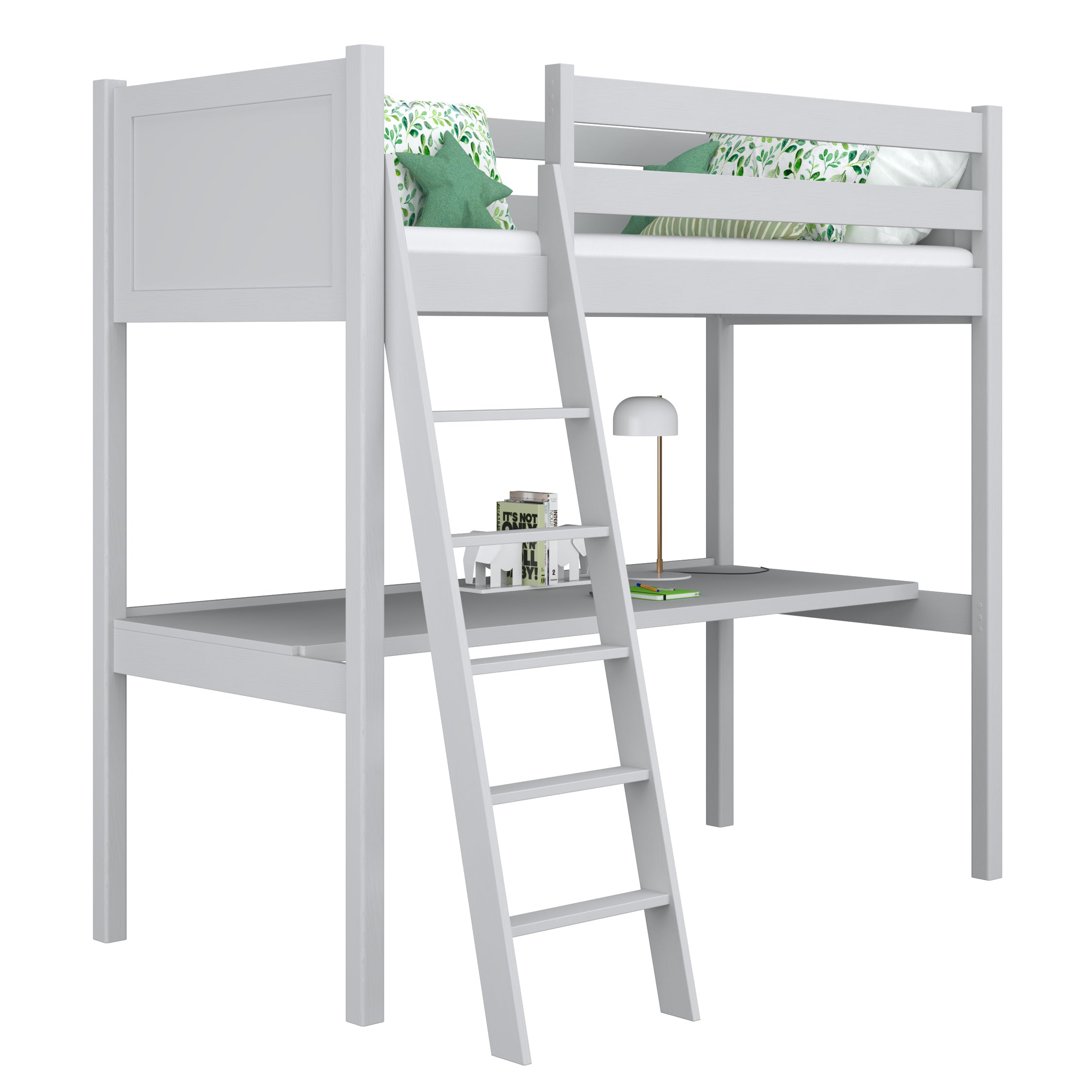 Letto a soppalco con scrivania in legno grigio – stanza per bambini, scandi Nizio