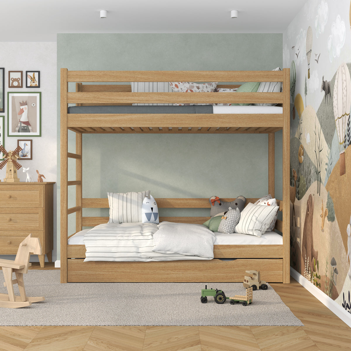 Letto a castello quercia naturale per bambini – cassetto per materasso, in quercia, Nizio