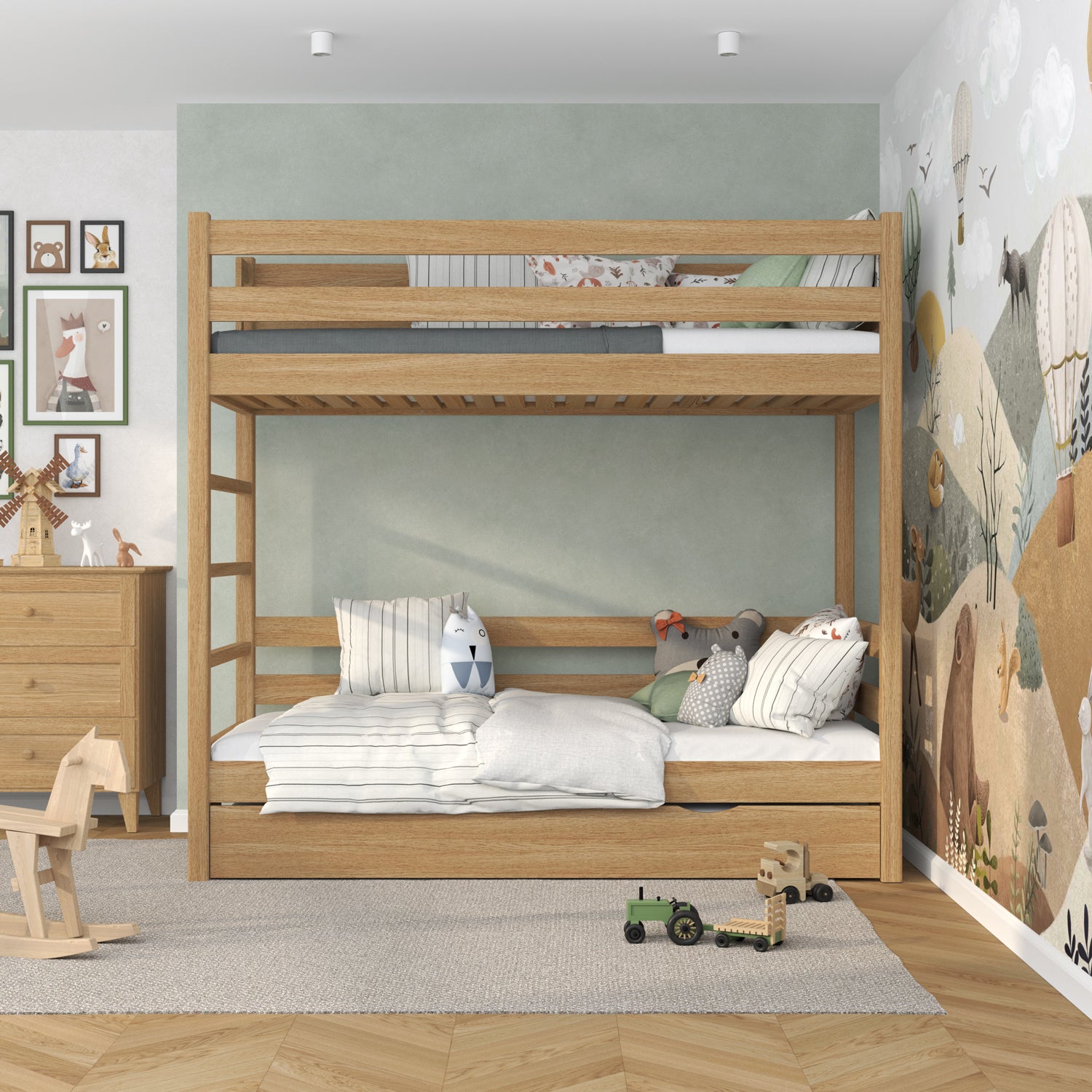 Letto a castello quercia naturale per bambini – cassetto per materasso, in quercia, Nizio