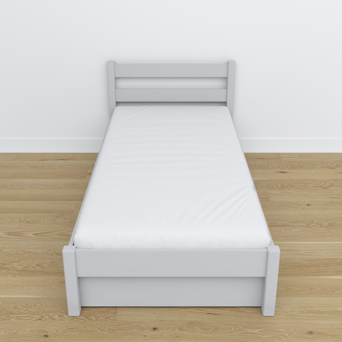 Letto grigio con cassetto – guide e dettagli in legno, Nizio
