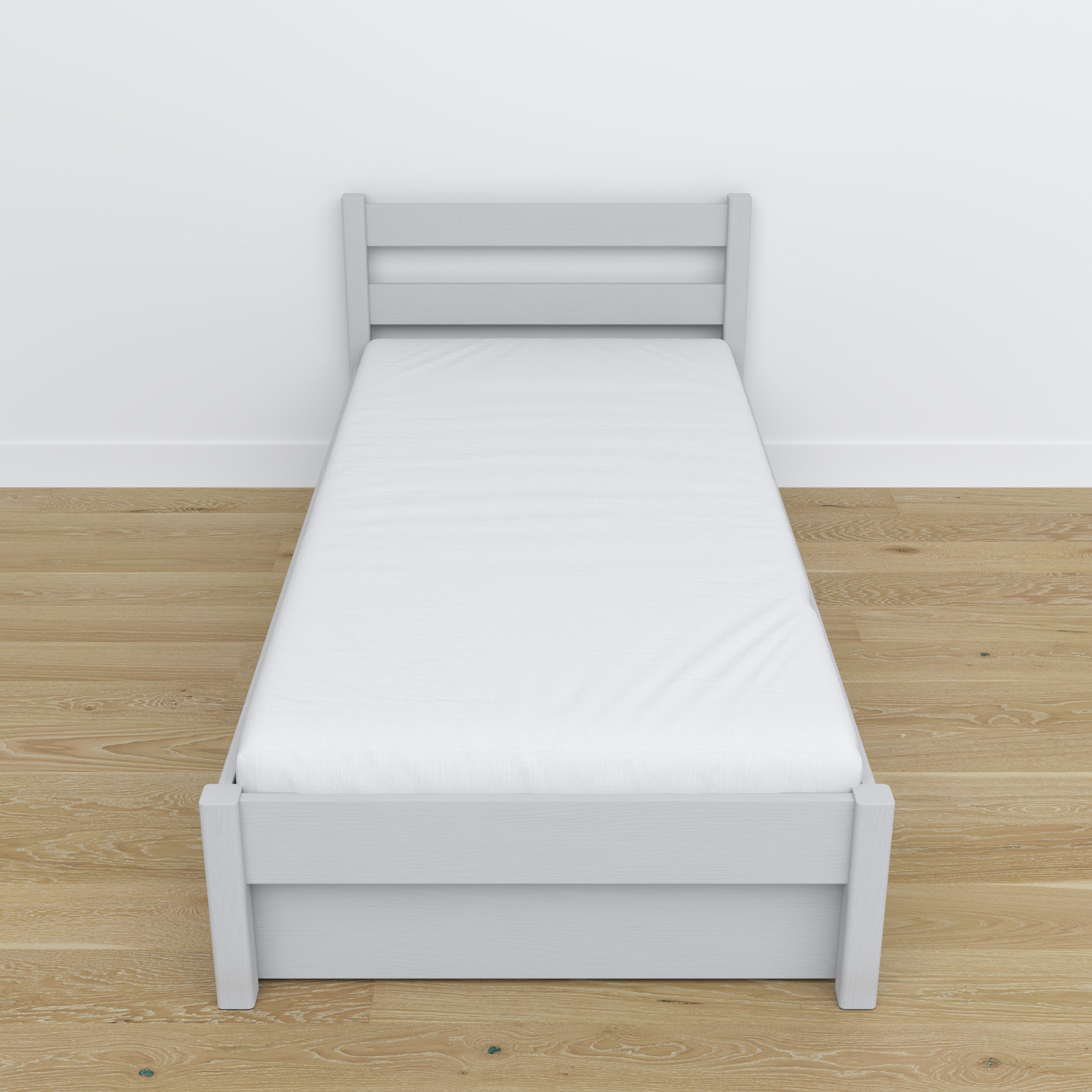 Letto grigio con cassetto – guide e dettagli in legno, Nizio