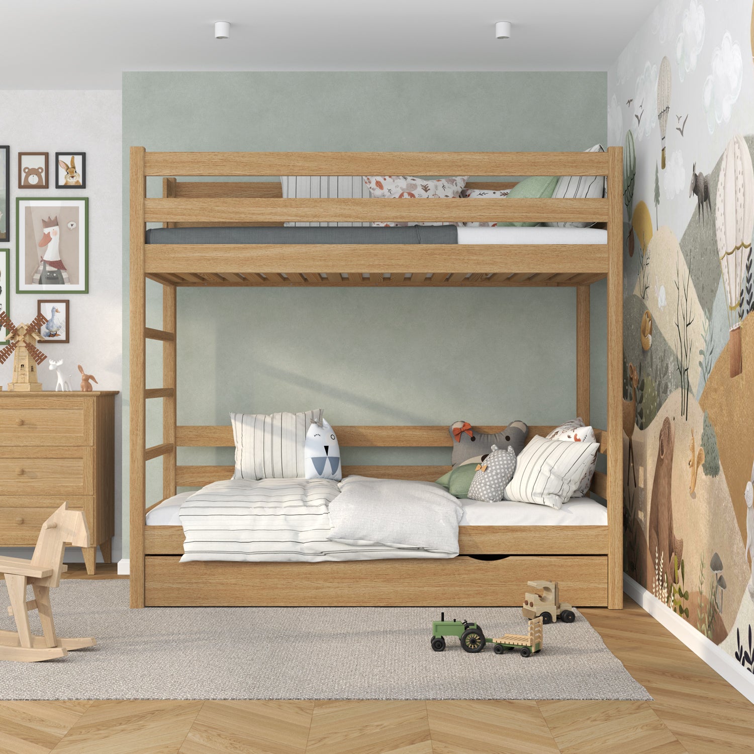 Etagenbett Natureiche für Kinder – zwei Schlafplätze und Schublade, Eiche