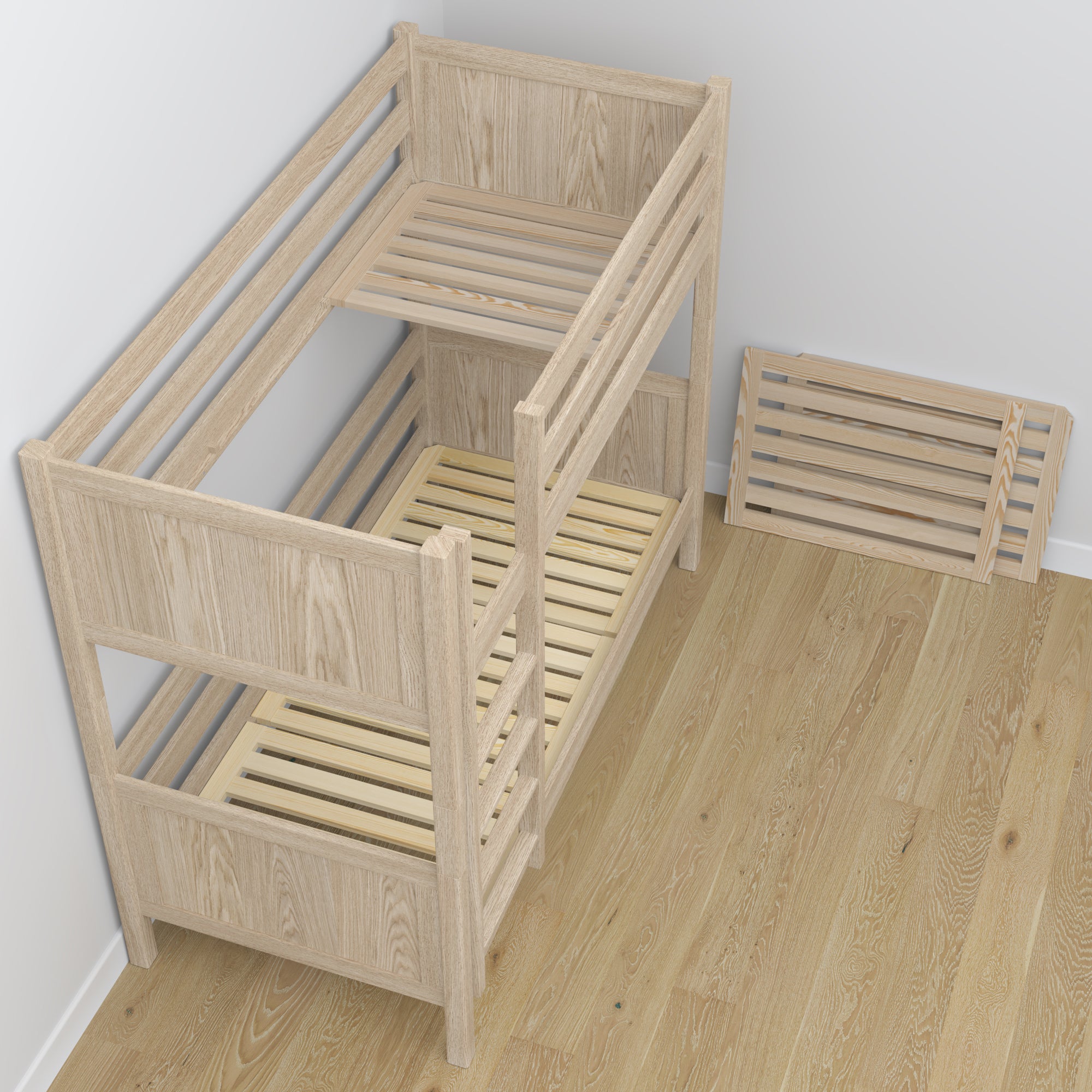 Letto a castello in rovere sbiancata con cassetto per materasso – allestimento nella stanza