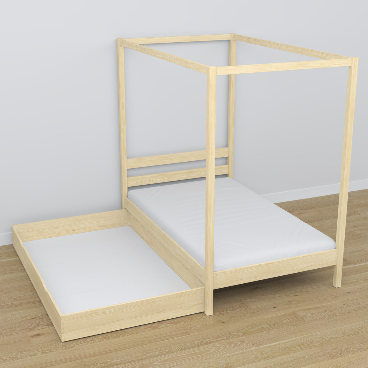 Letto pino trasparente con baldacchino e cassetto – vista laterale, in legno