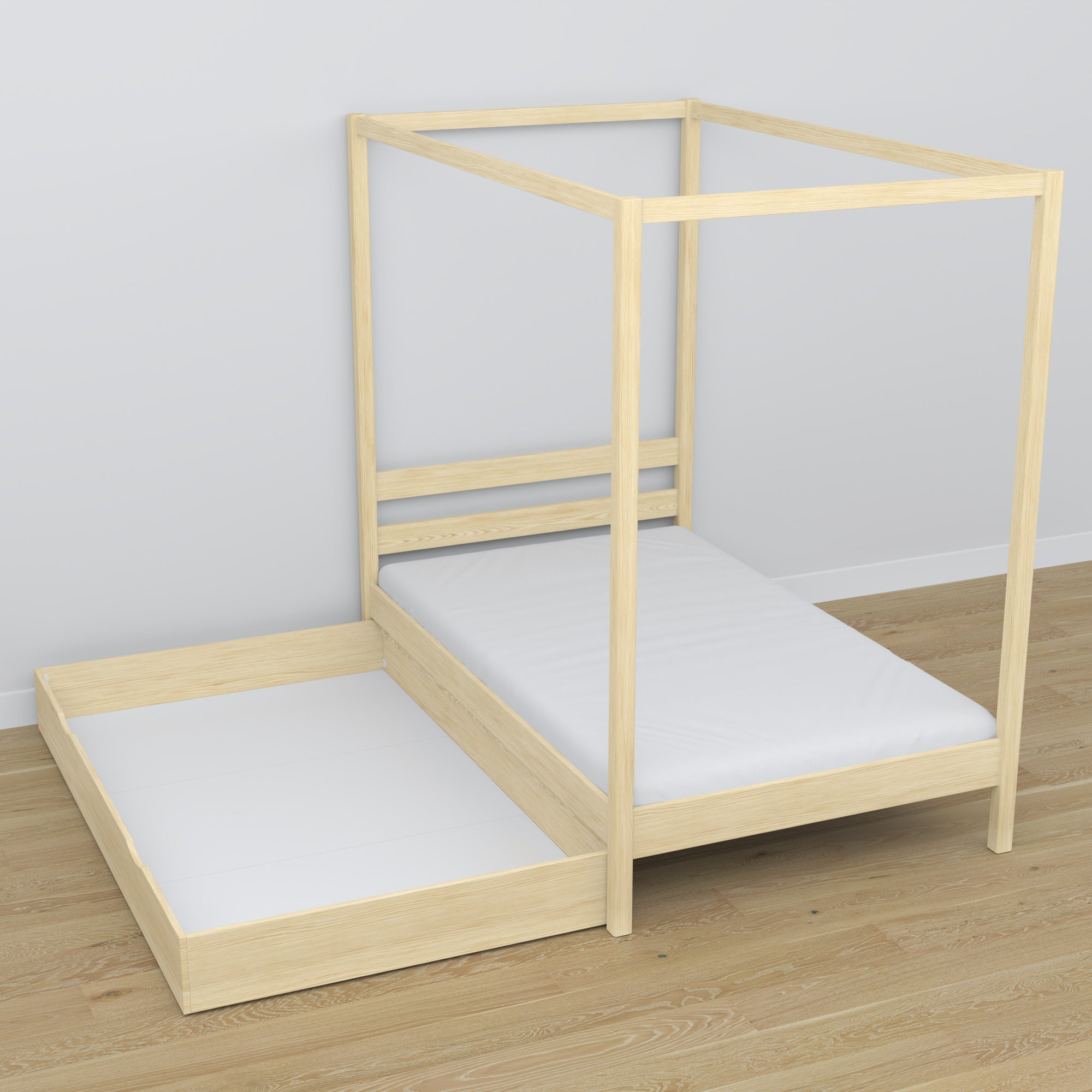 Letto pino trasparente con baldacchino e cassetto – vista laterale, in legno