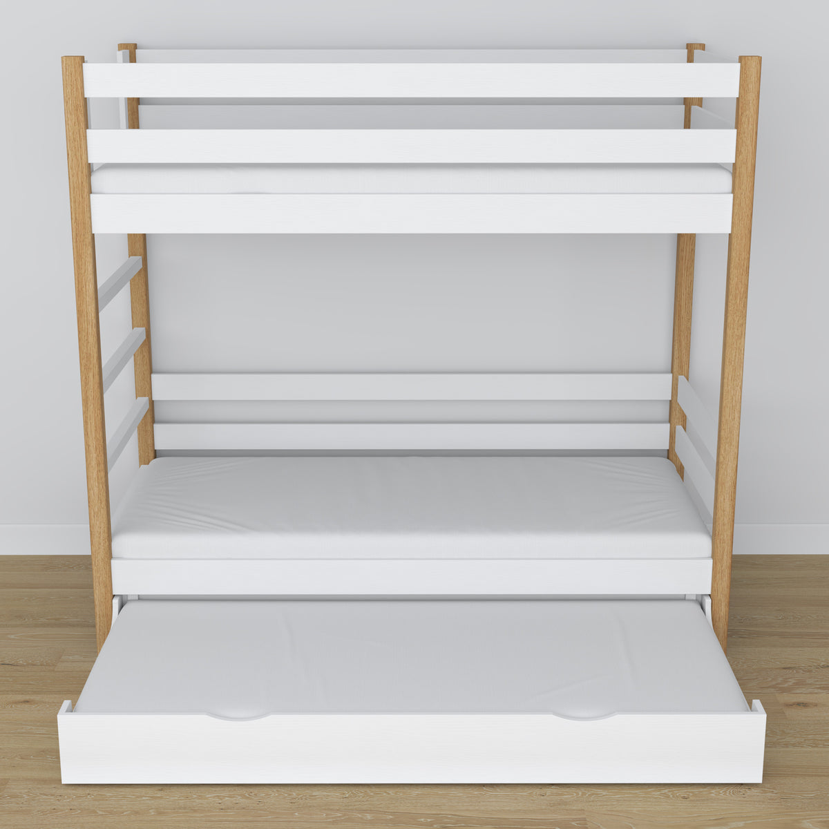 Letto a castello bianco-quercia – struttura in legno con doghe, cassetto per materasso