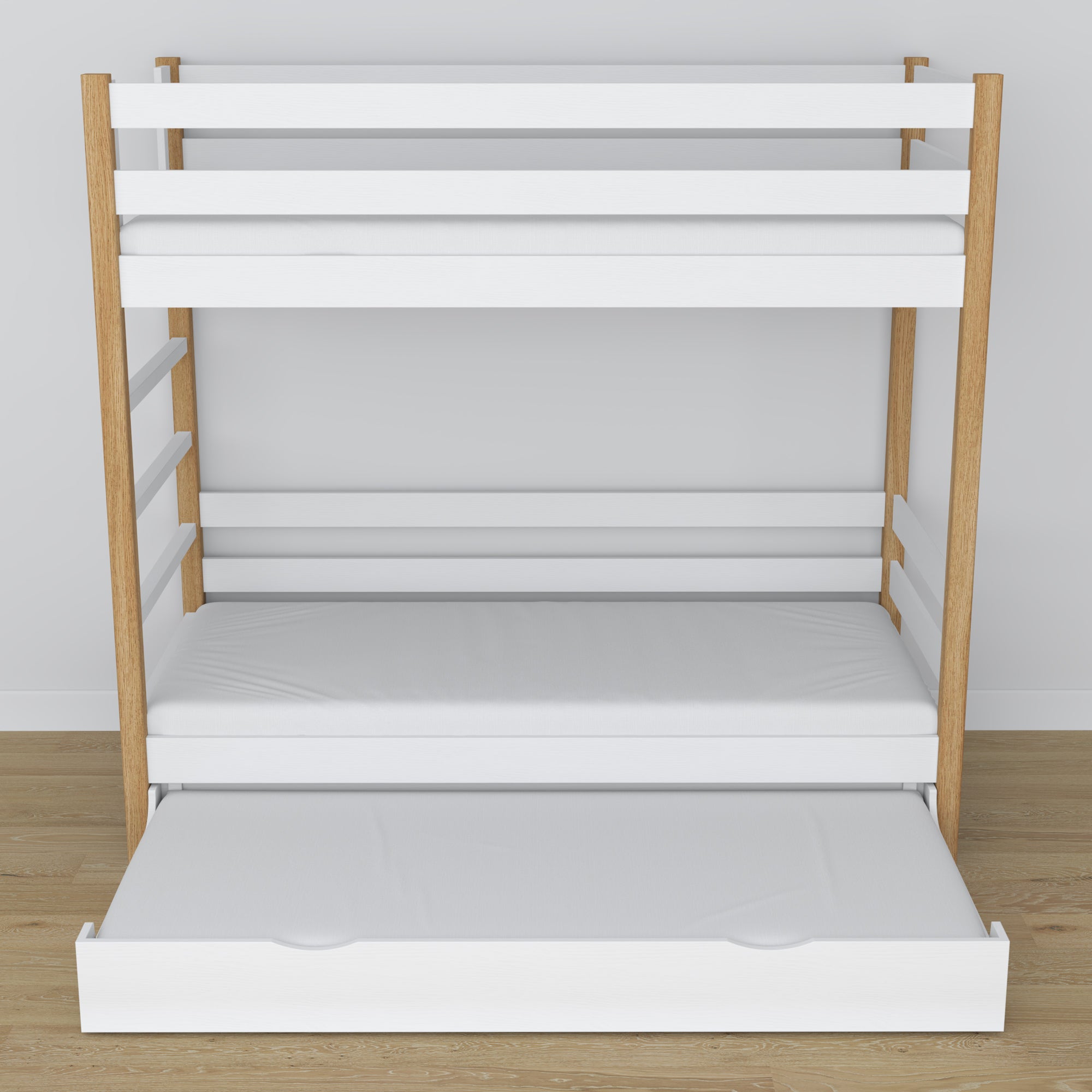 Letto a castello bianco-quercia – struttura in legno con doghe, cassetto per materasso