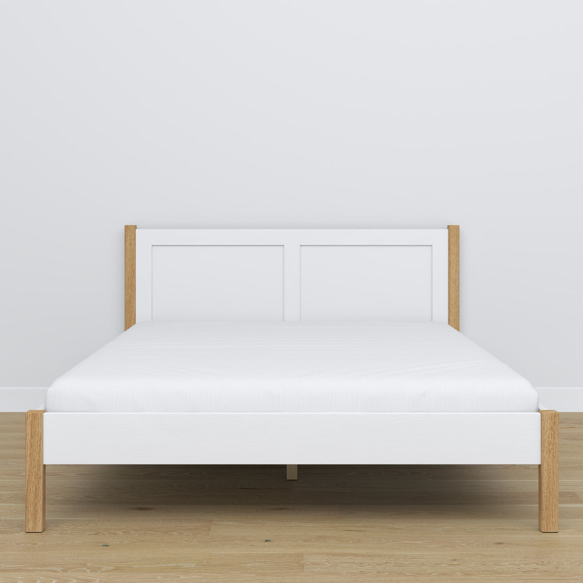 Lit double en bois blanc-chêne – vue de côté, proportions et forme, chambre