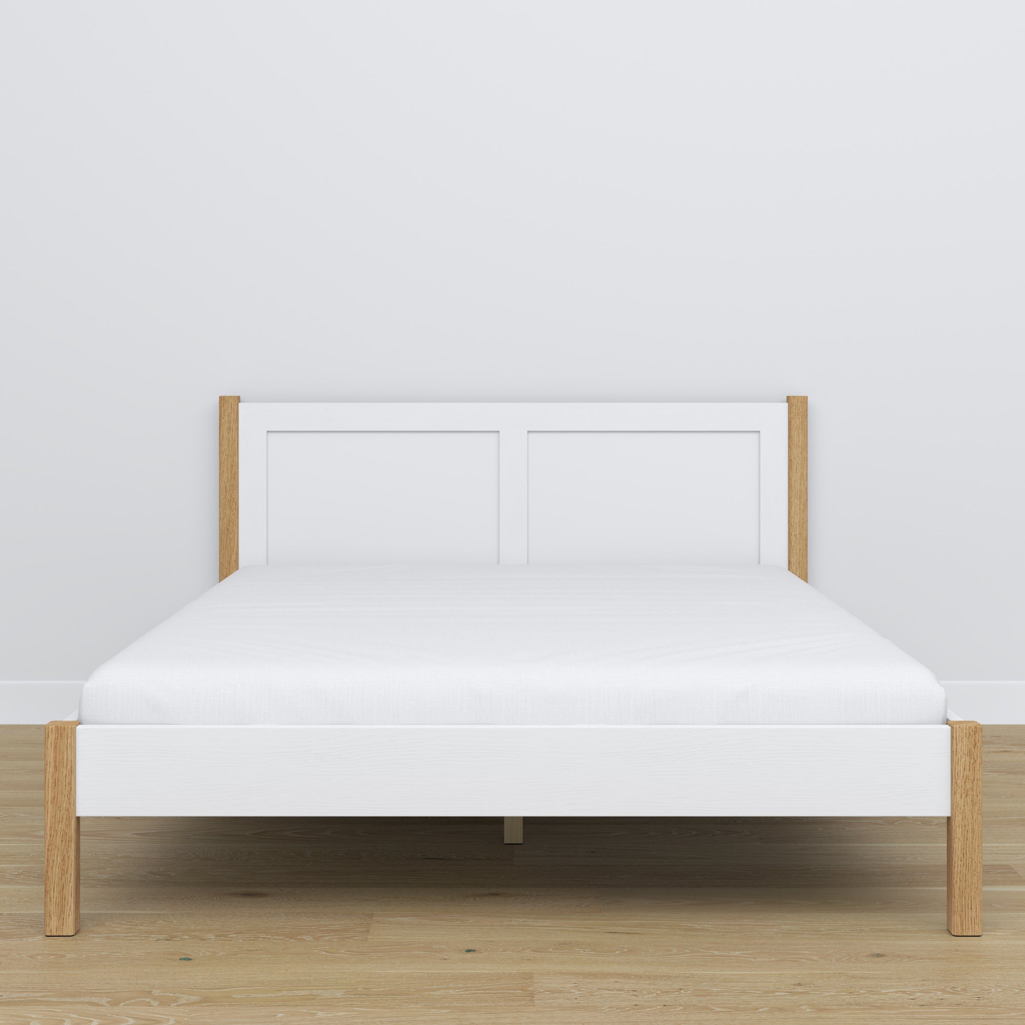 Lit double en bois blanc-chêne – vue de côté, proportions et forme, chambre