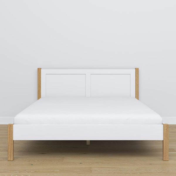 Wooden double bed white and oak – side view, proportions and shape, bedroom