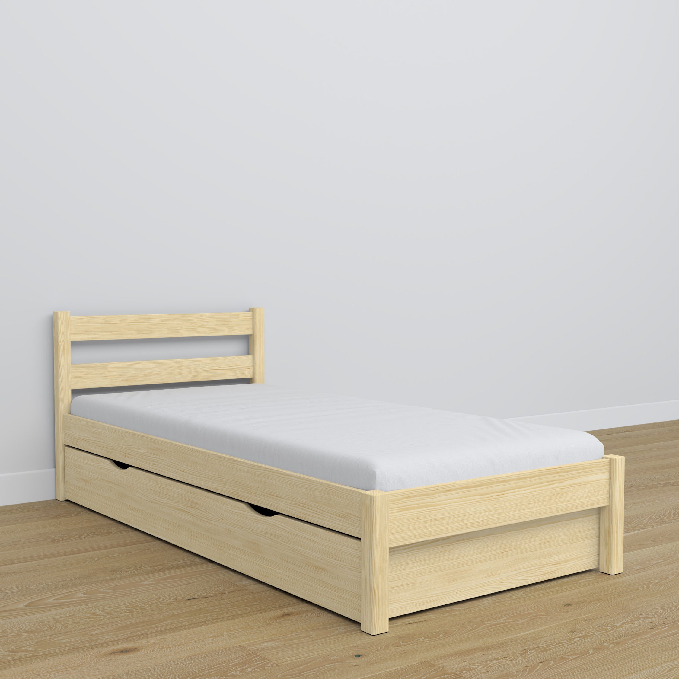 Letto con cassetto in legno pino trasparente – stanza per bambini, allestimento scandi