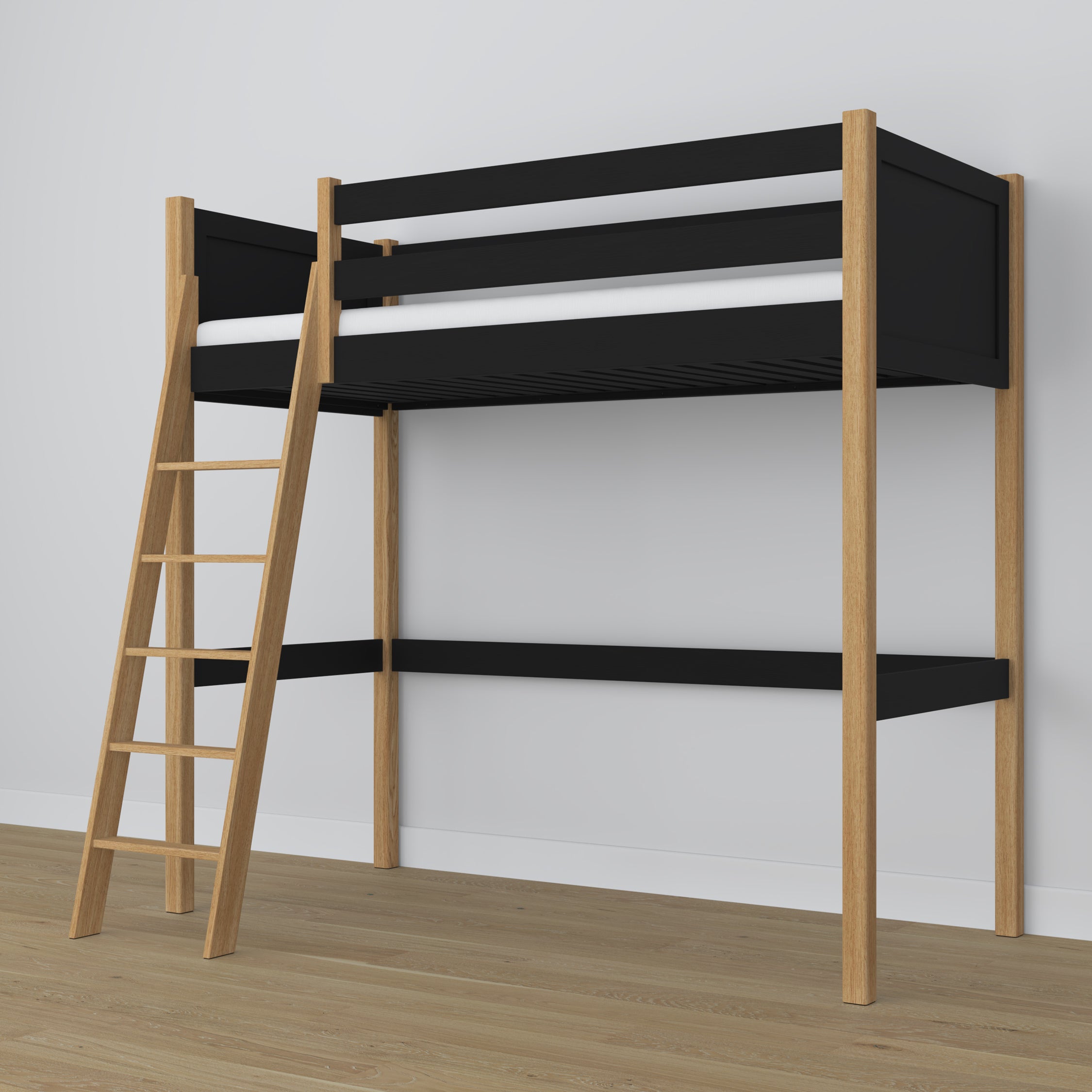 Hochbett aus Holz schwarz-eiche – freier Raum unter dem Schlafbereich, Nizio