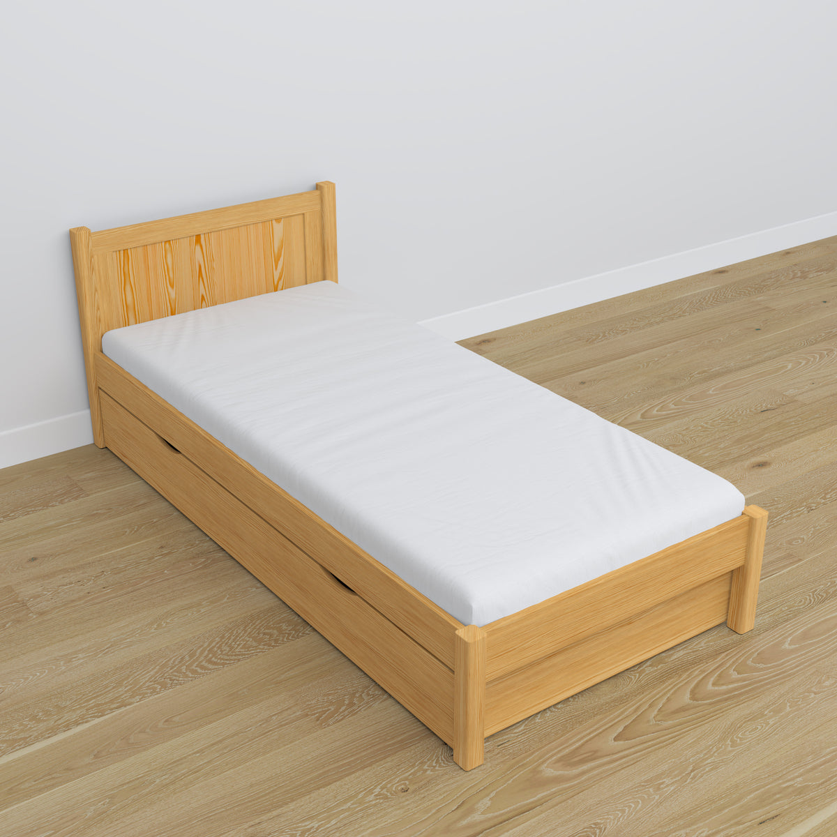 Letto pino naturale con cassetto – guide e dettagli in legno, Nizio